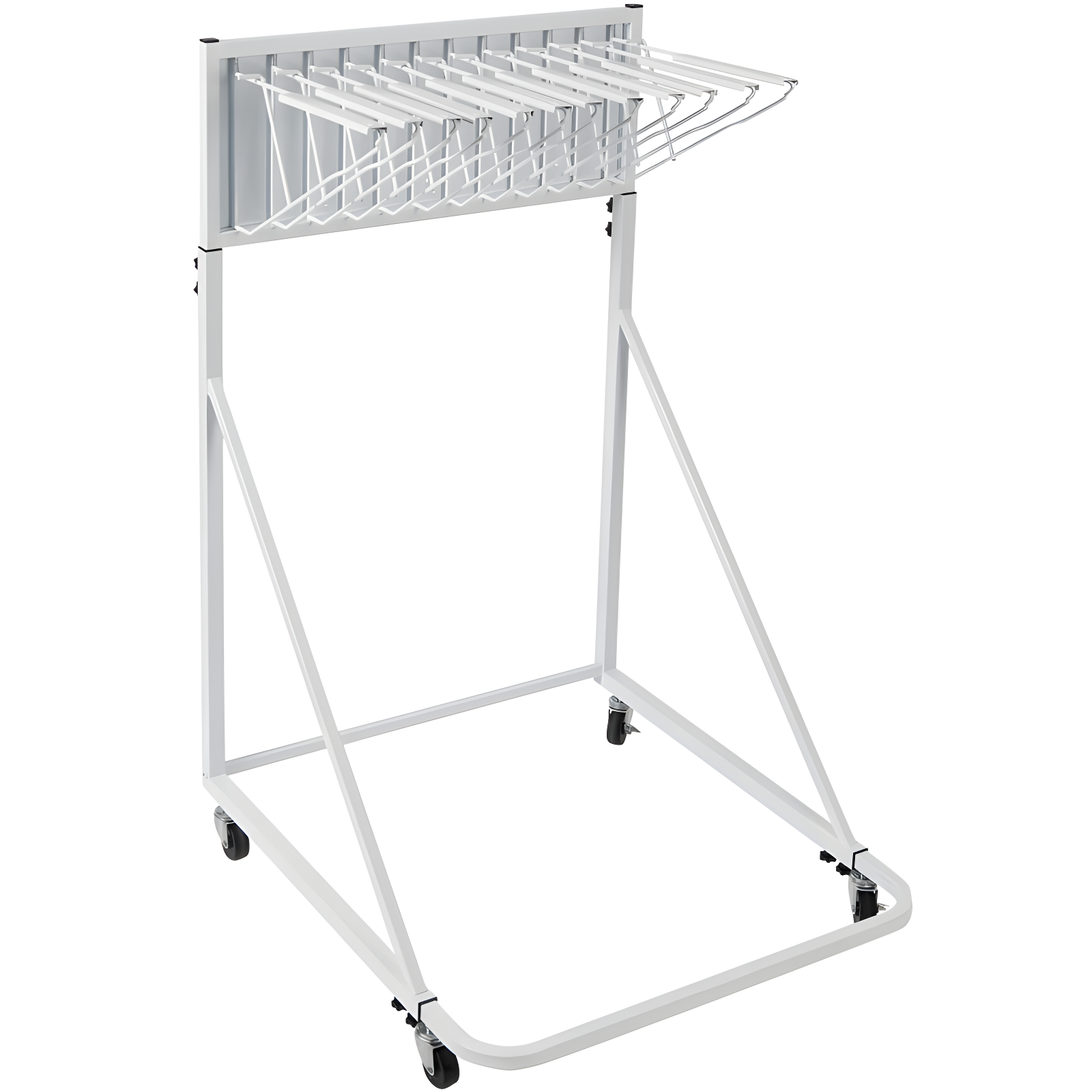 Adjustable White Steel Mobile Blueprint Storage Rack with 12 Pivot Brackets