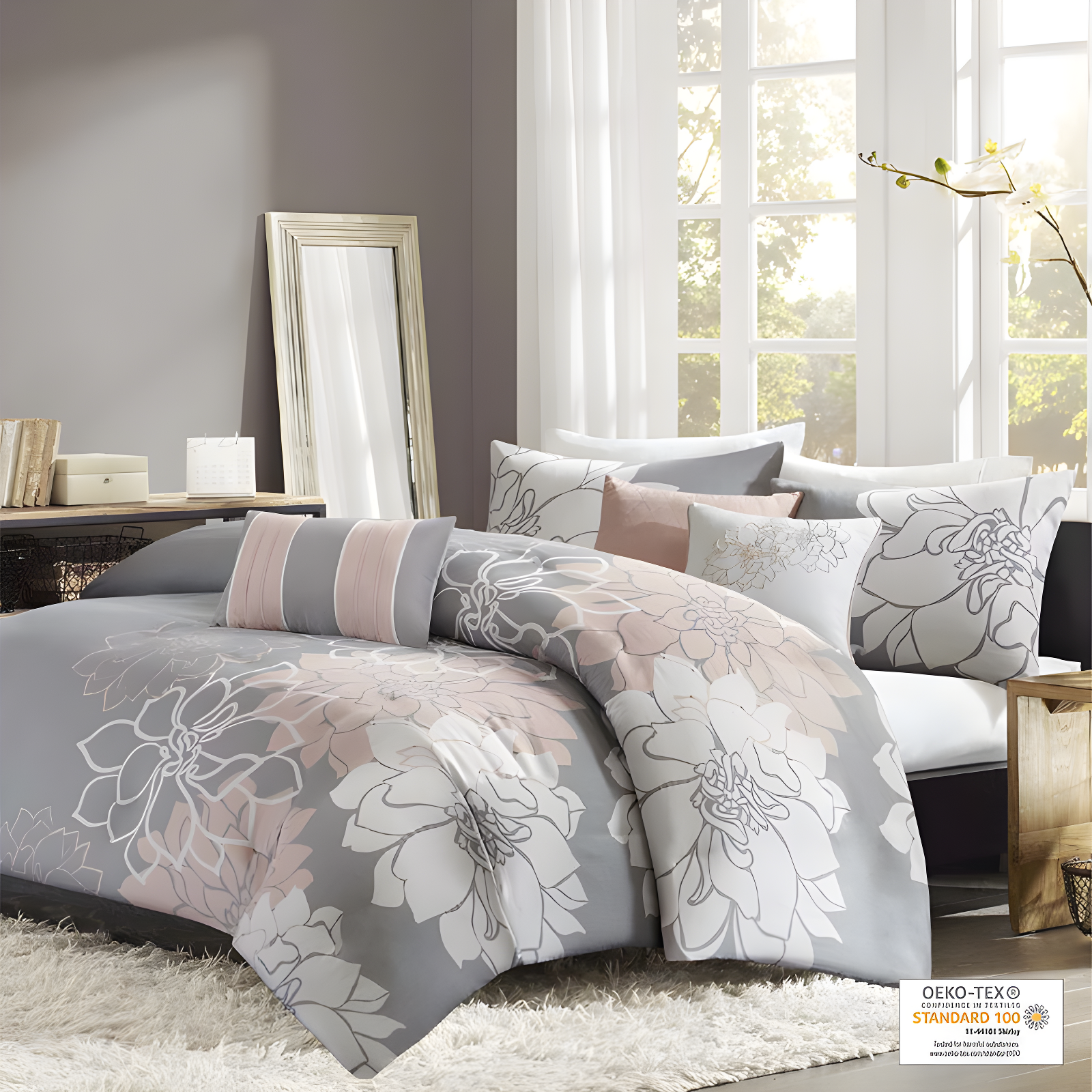 Lola Full/Queen Grey and Peach Cotton Floral Duvet Cover Set