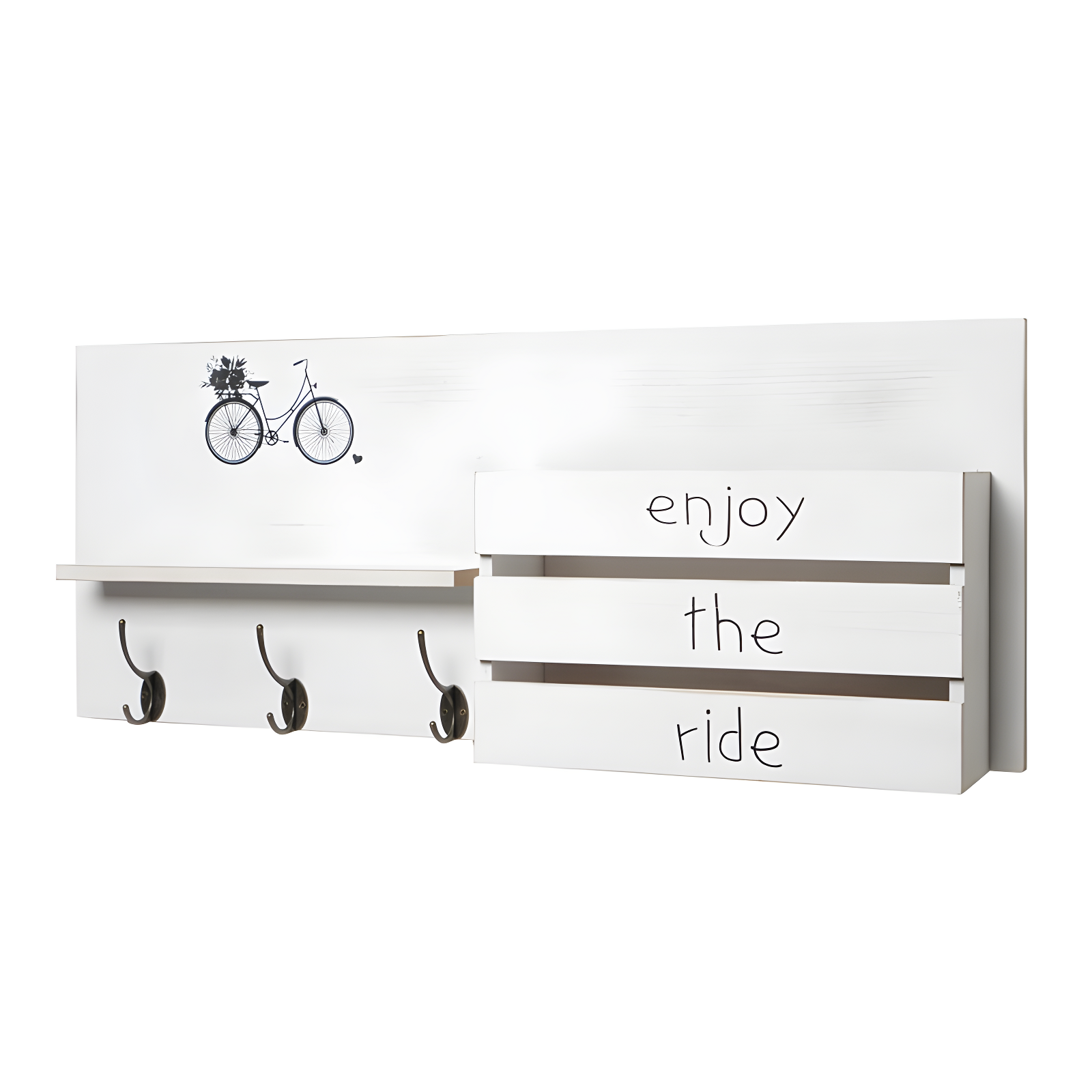 Distressed White Solid Wood Wall Organizer with Hooks