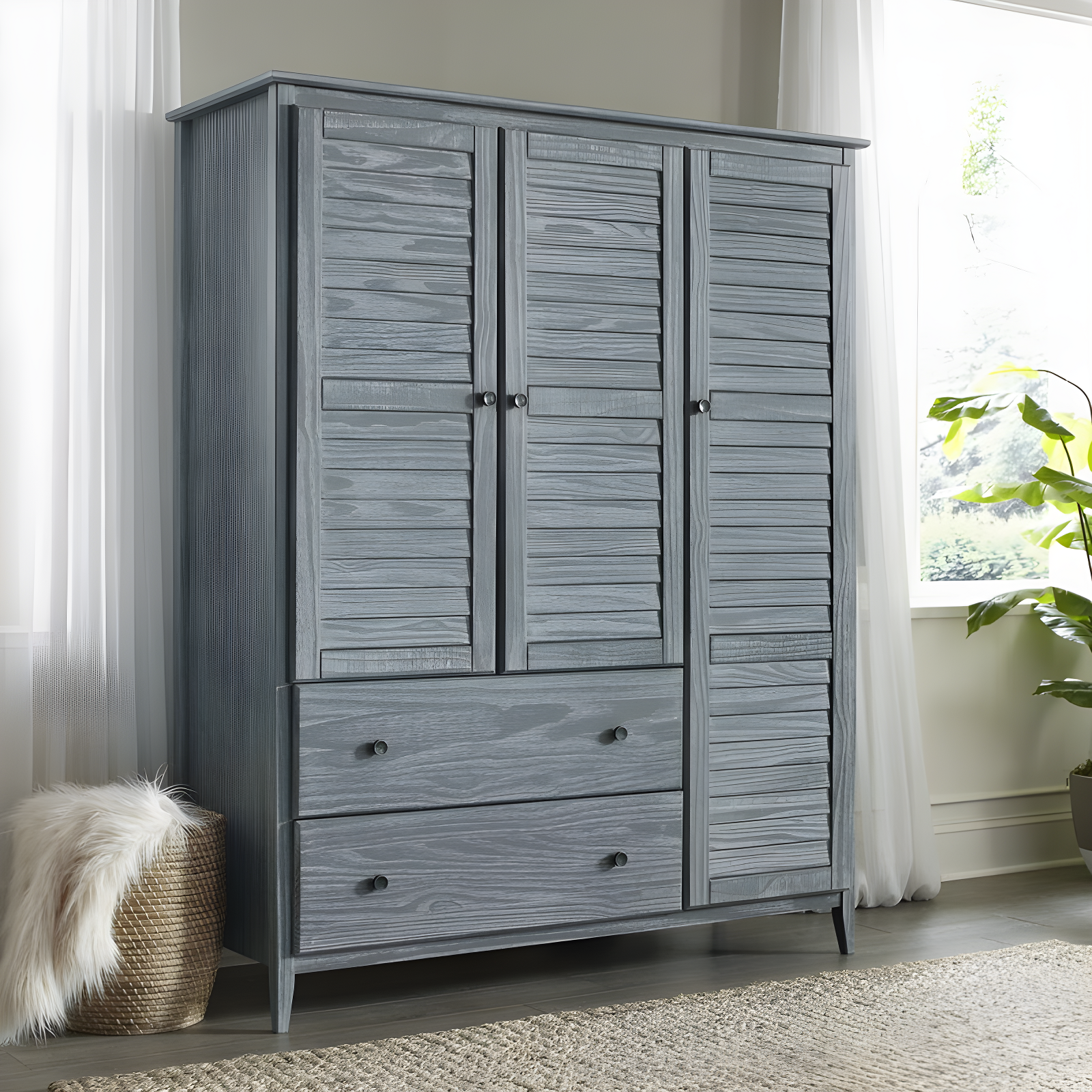 Brushed Grey Solid Pine Coastal 3-Door Wardrobe