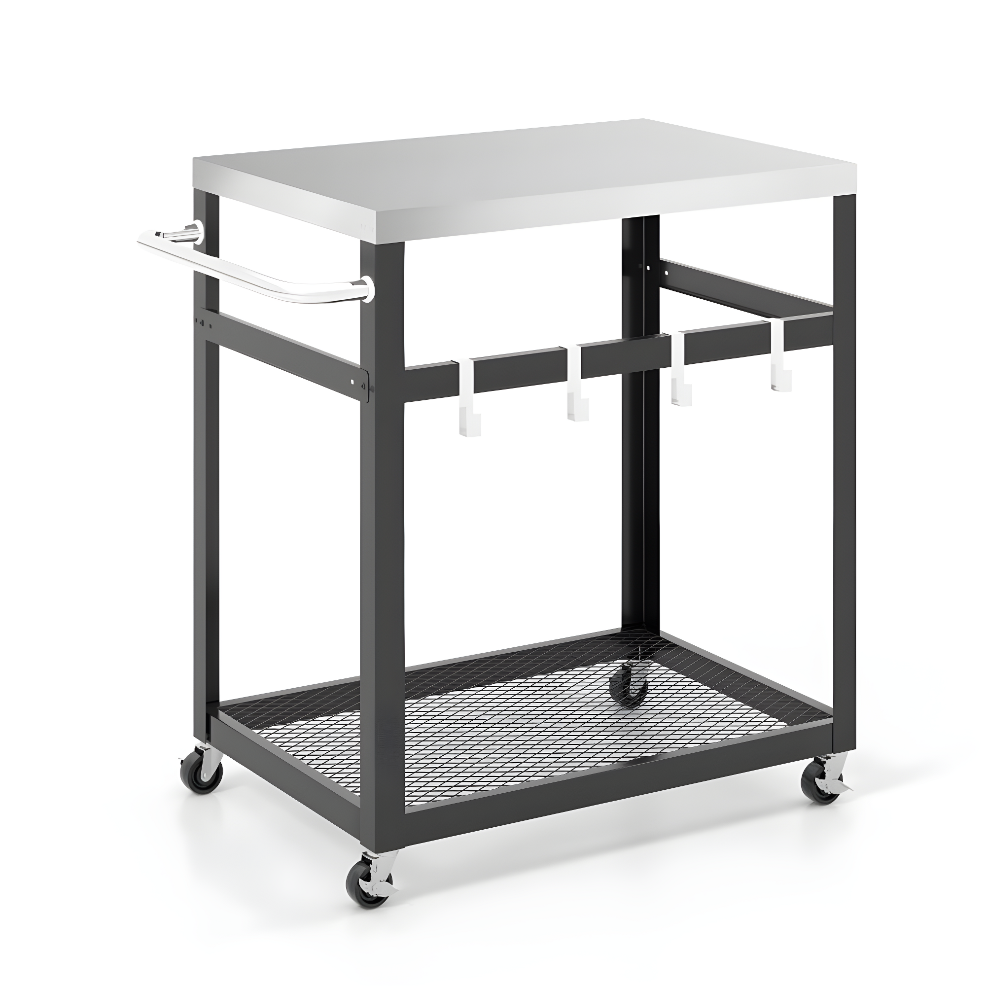 Black and Silver 2-Tier Stainless Steel Grill Cart with Hooks and Wheels