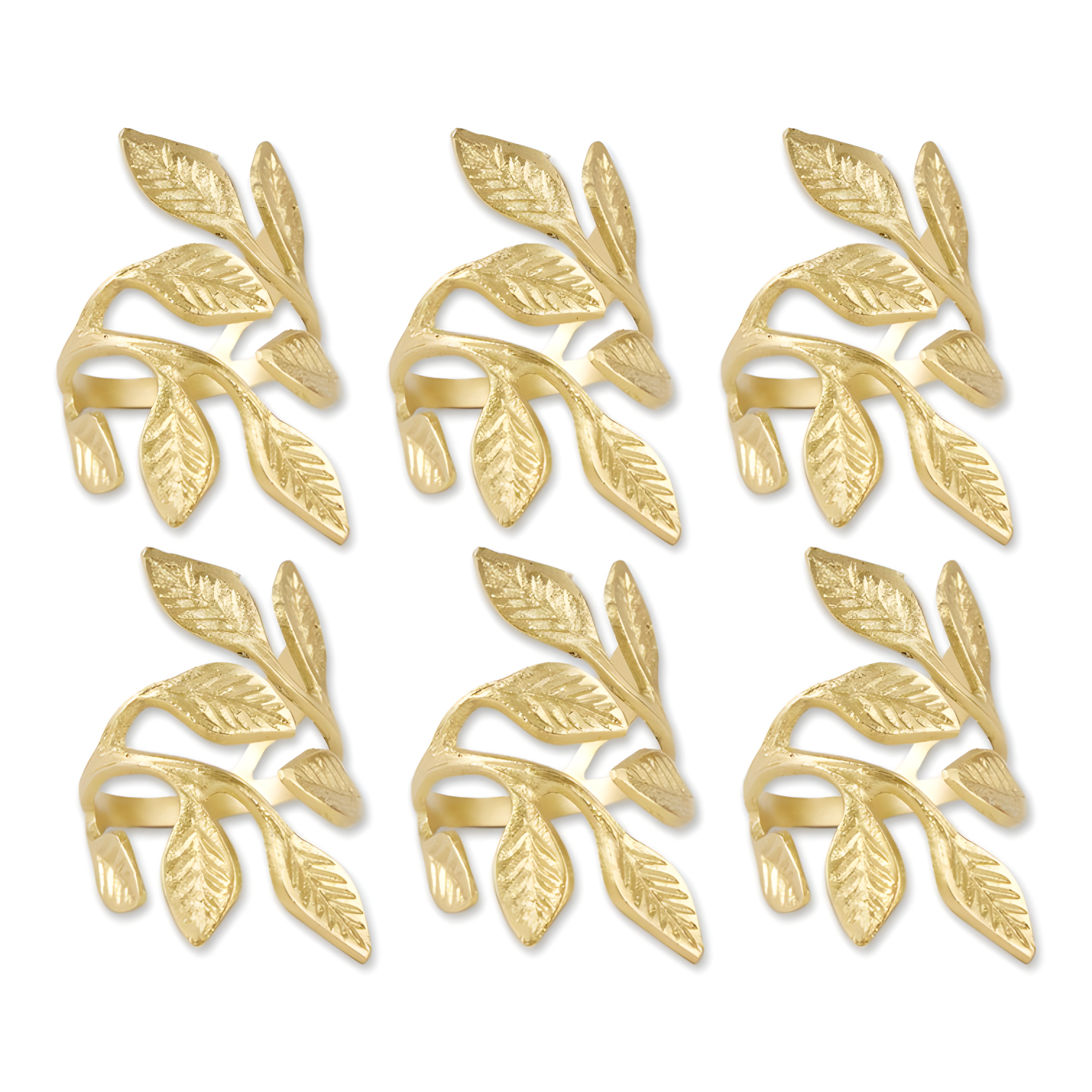 Gold Vine Leaf Brass Napkin Ring Set, 2.25" Diameter, 6 Pieces