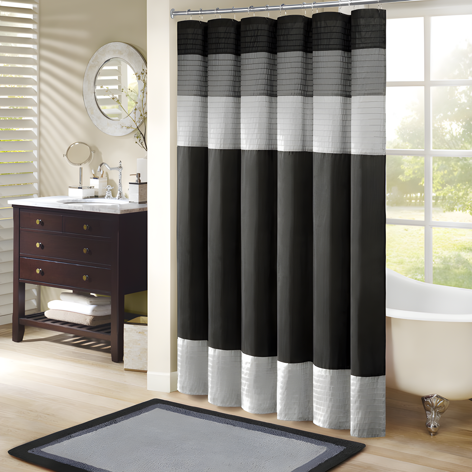 Black and Gray Faux Silk Striped Shower Curtain