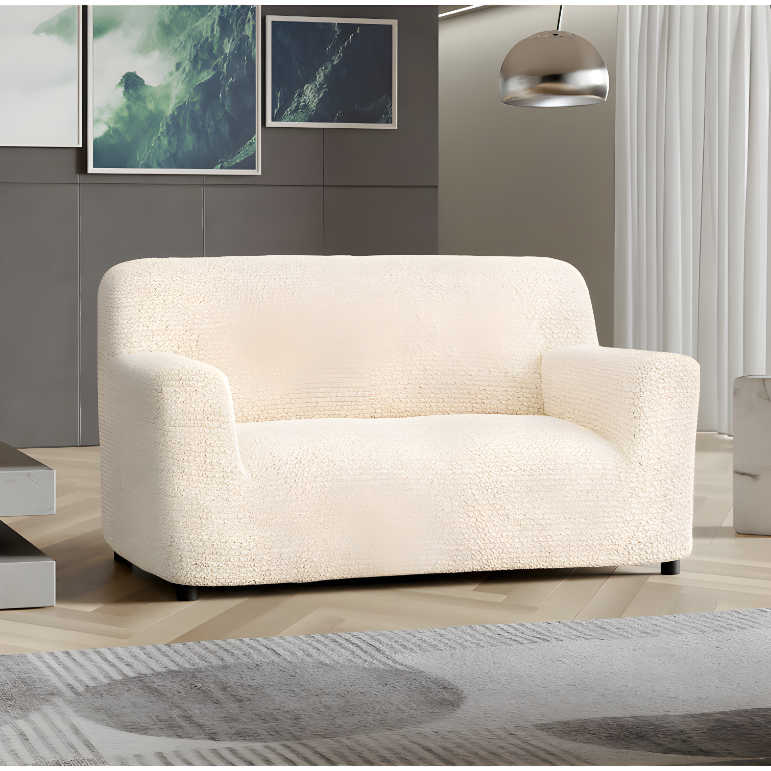 Modern Cream Stretch Loveseat Sofa Cover in Vanilla Polyester Blend