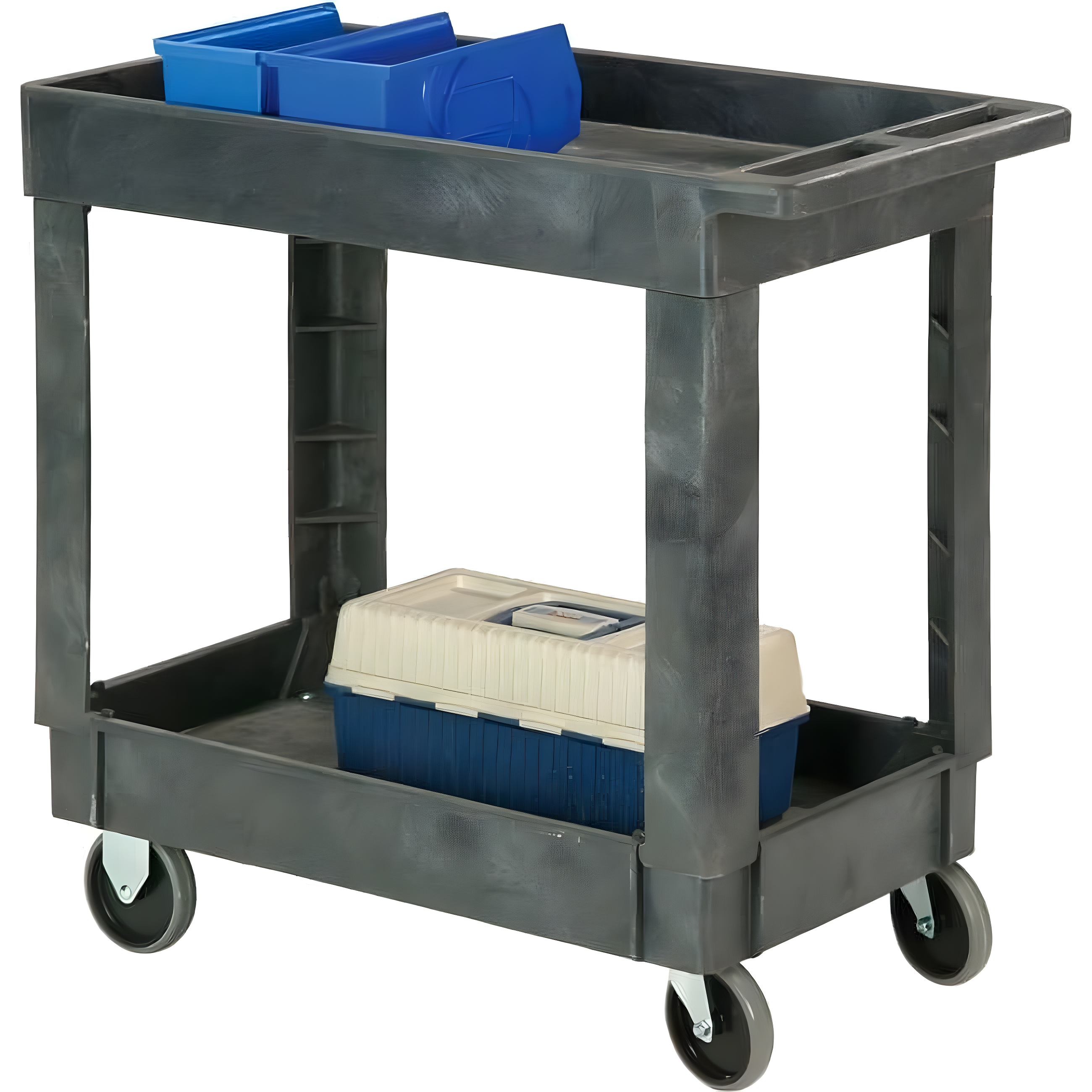 Gray Plastic Utility Cart with 2 Tray Shelves and Rubber Wheels