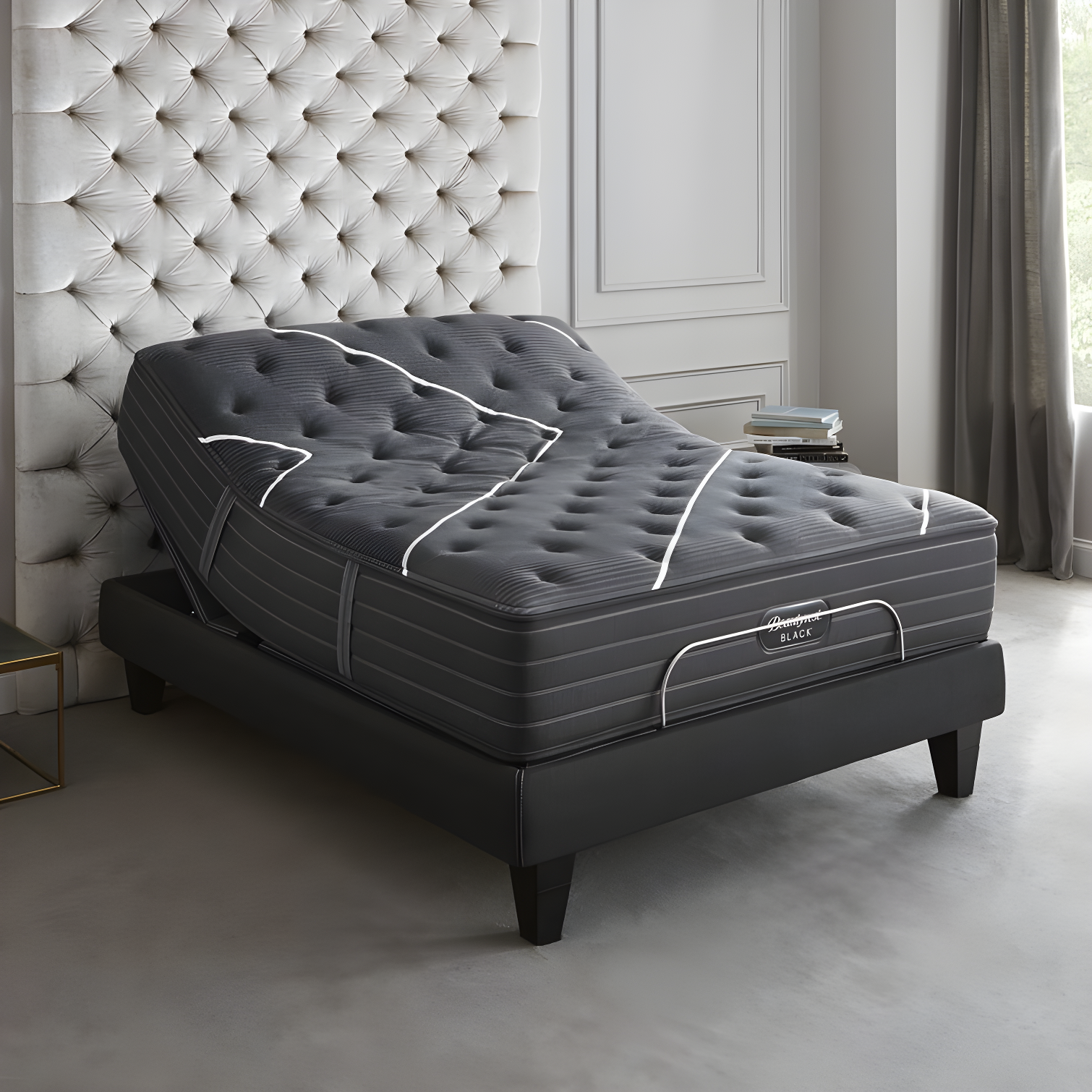 King Black Upholstered Adjustable Bed Base with Headboard