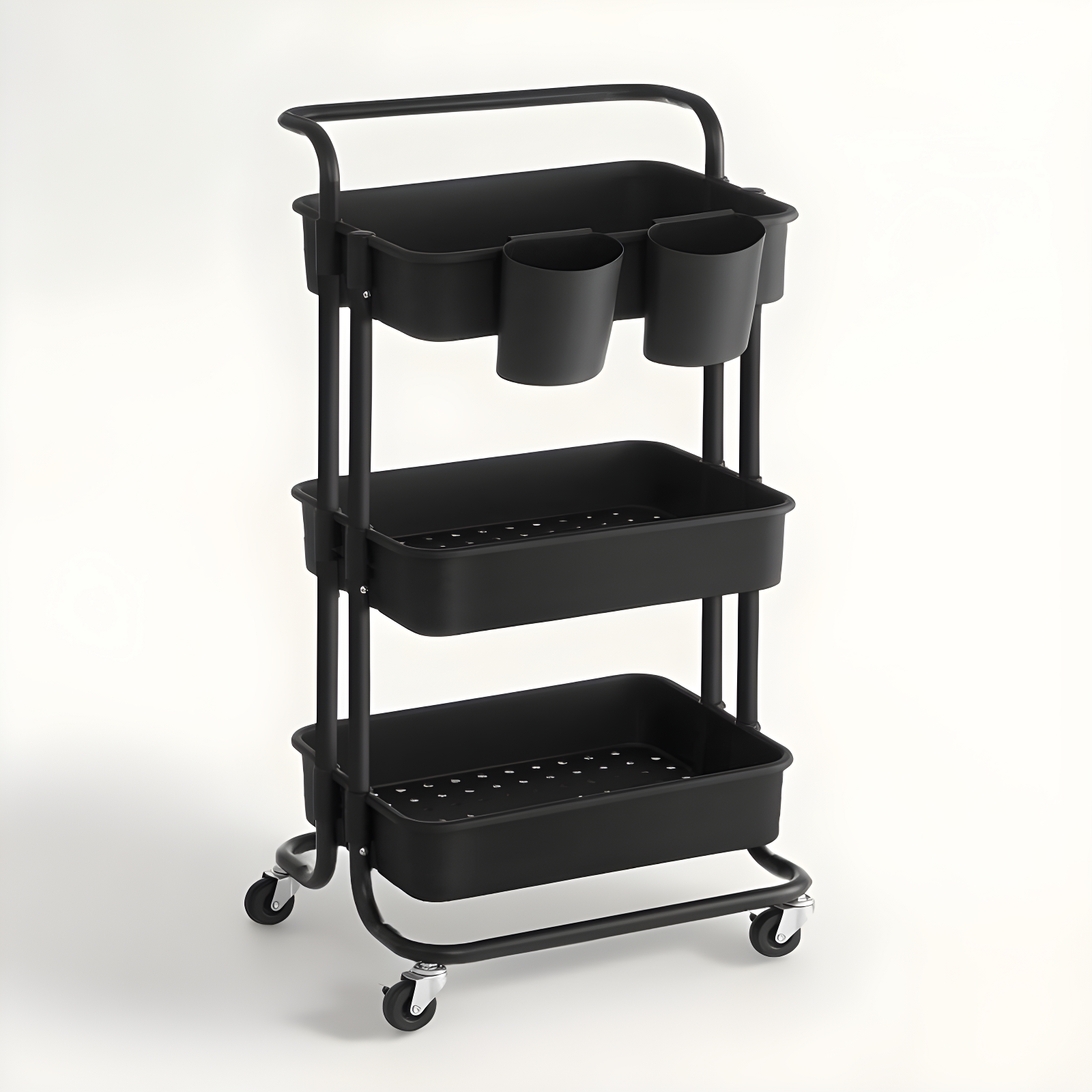 Black 3-Tier Metal Rolling Kitchen Cart with Adjustable Shelves