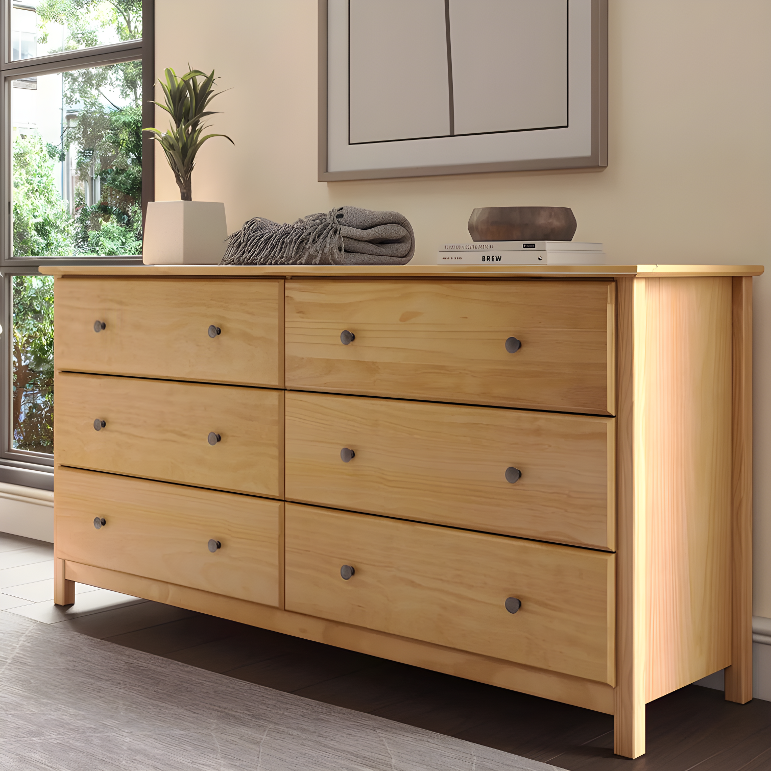 Natural Pine Wood Double Dresser with Deep Drawers