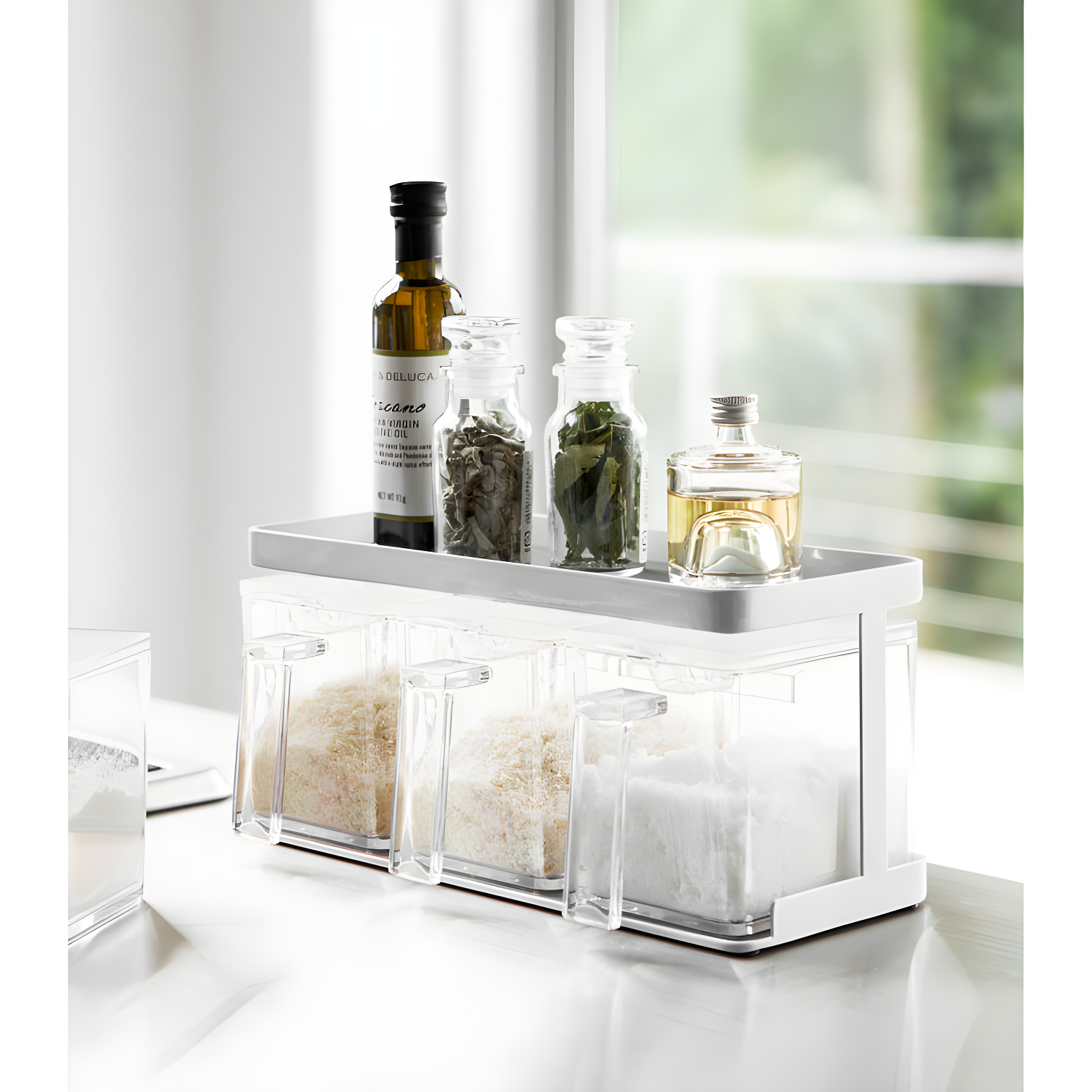 White Wooden Countertop Spice Rack with Canisters