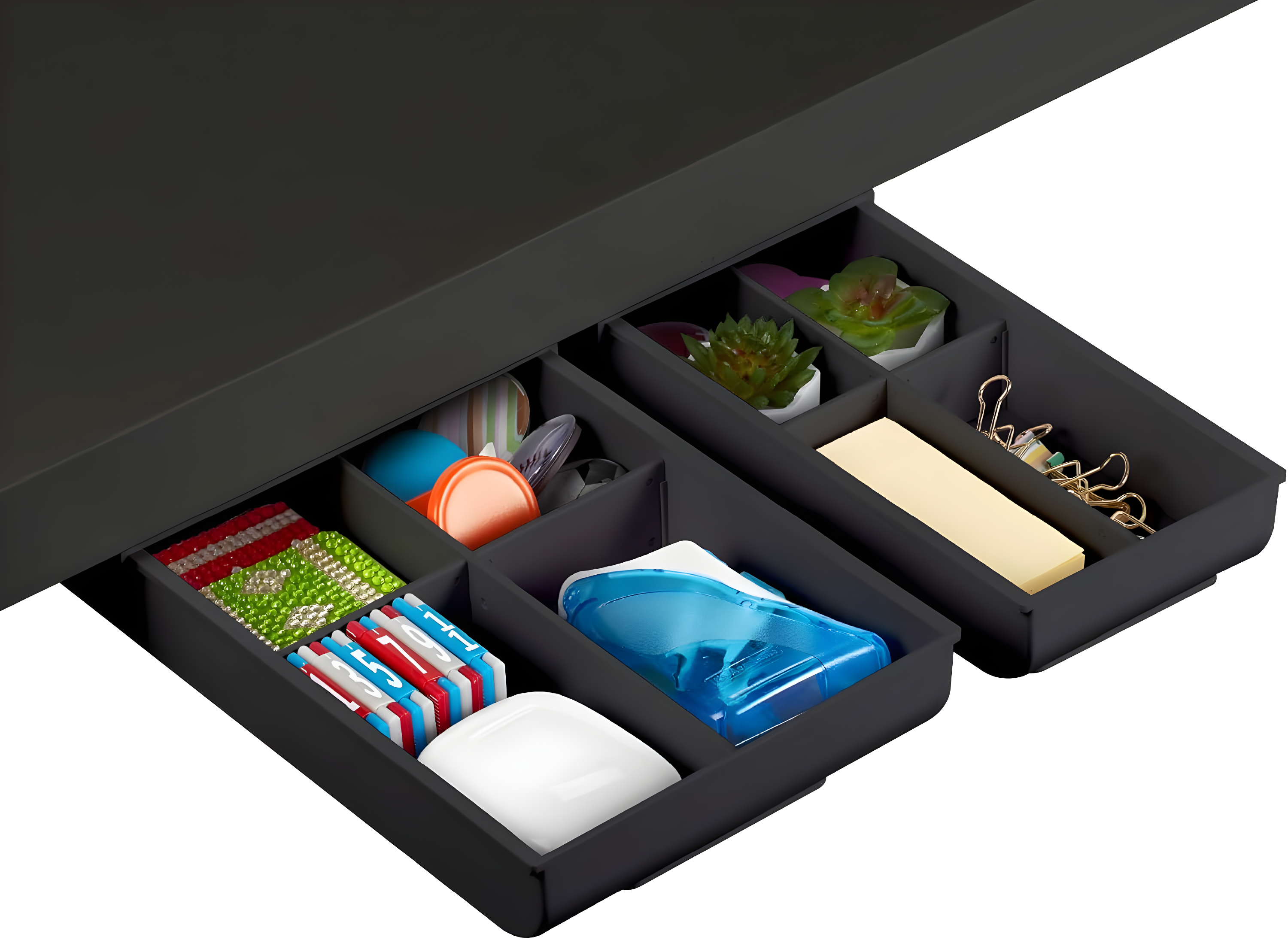 Black Self-Adhesive Under Desk Drawer Organizer with Dividers, 2-Pack