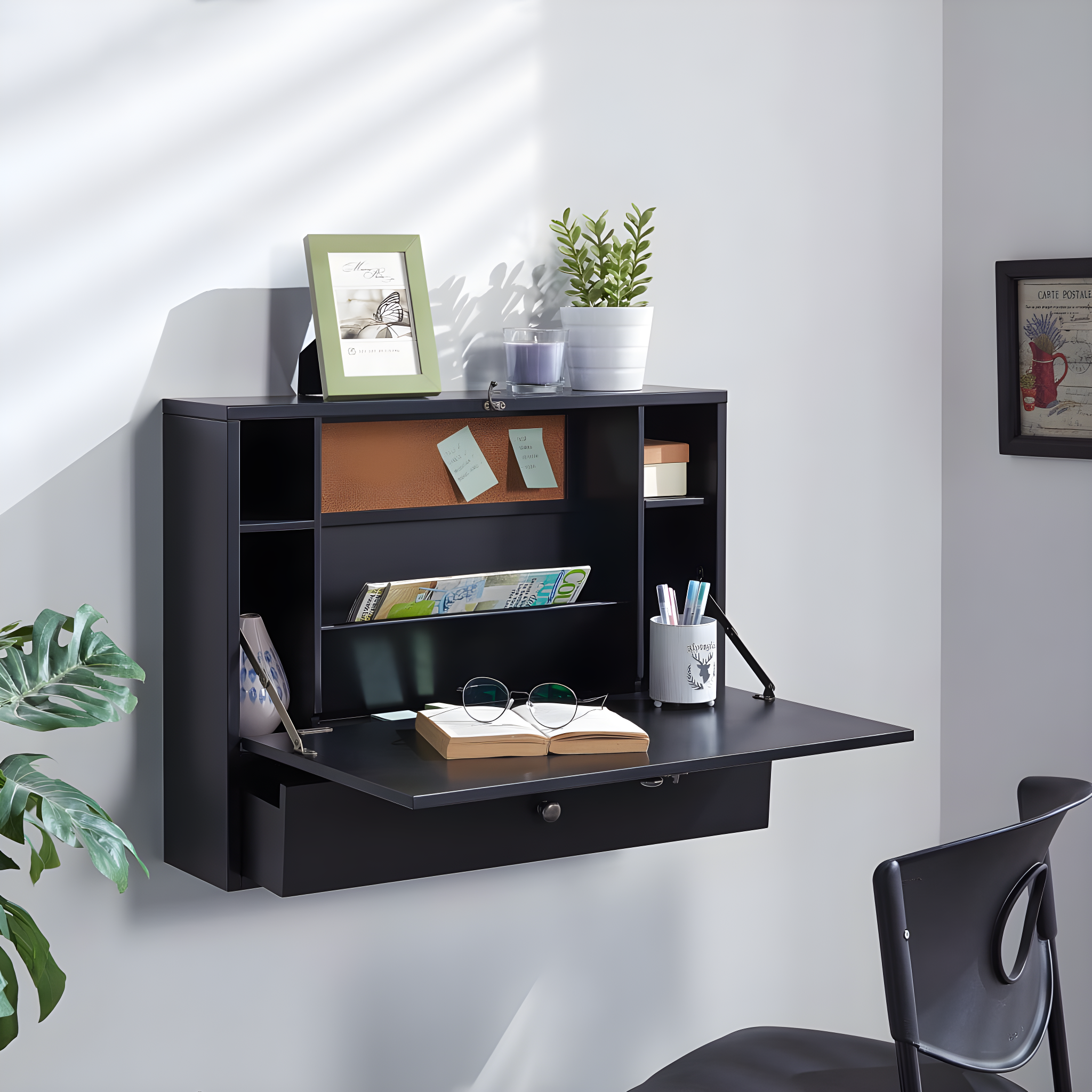 Black Veneer Wall Mounted Foldable Desk with Drawer