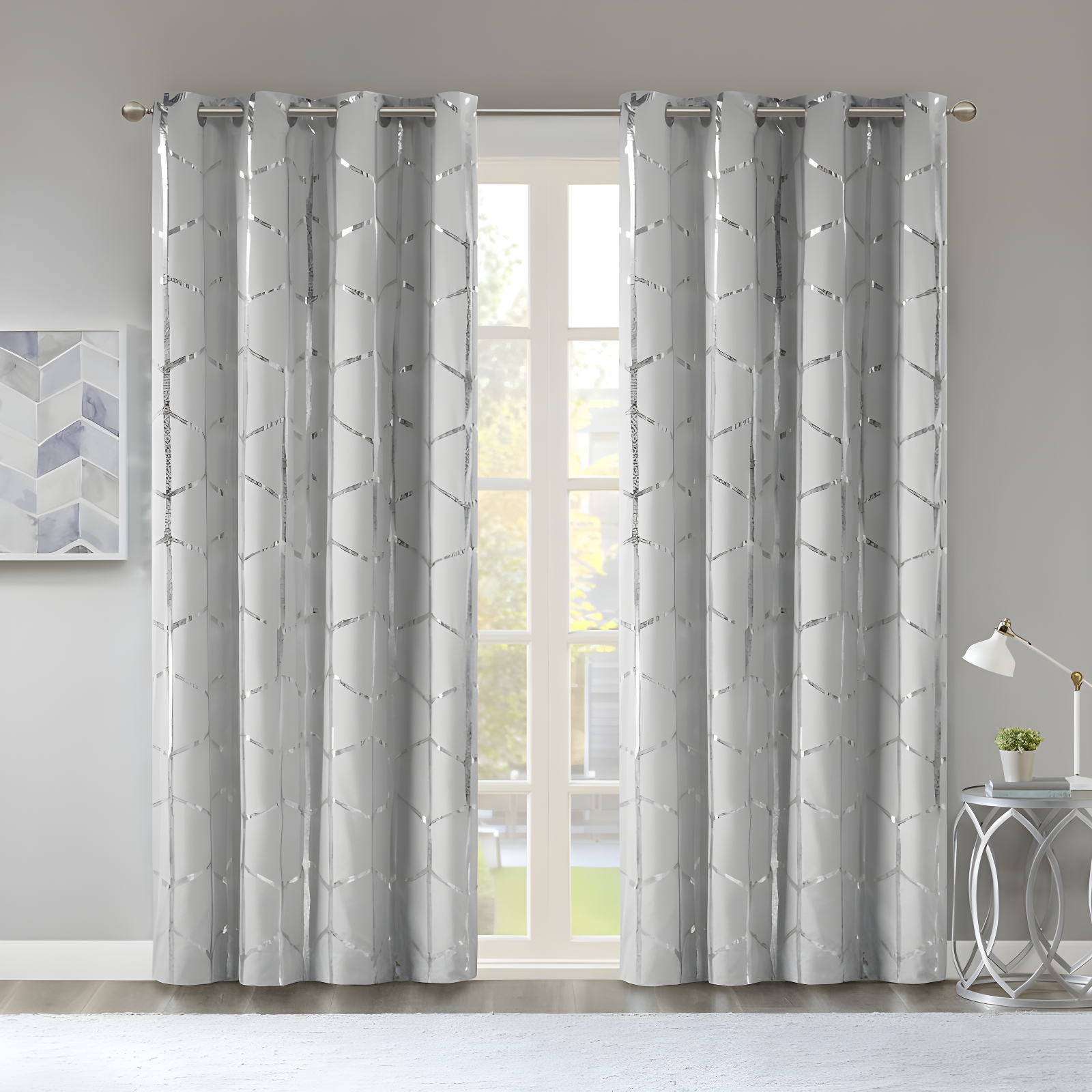 Grey Silver Geometric Blackout Grommet Curtains 50"x84"