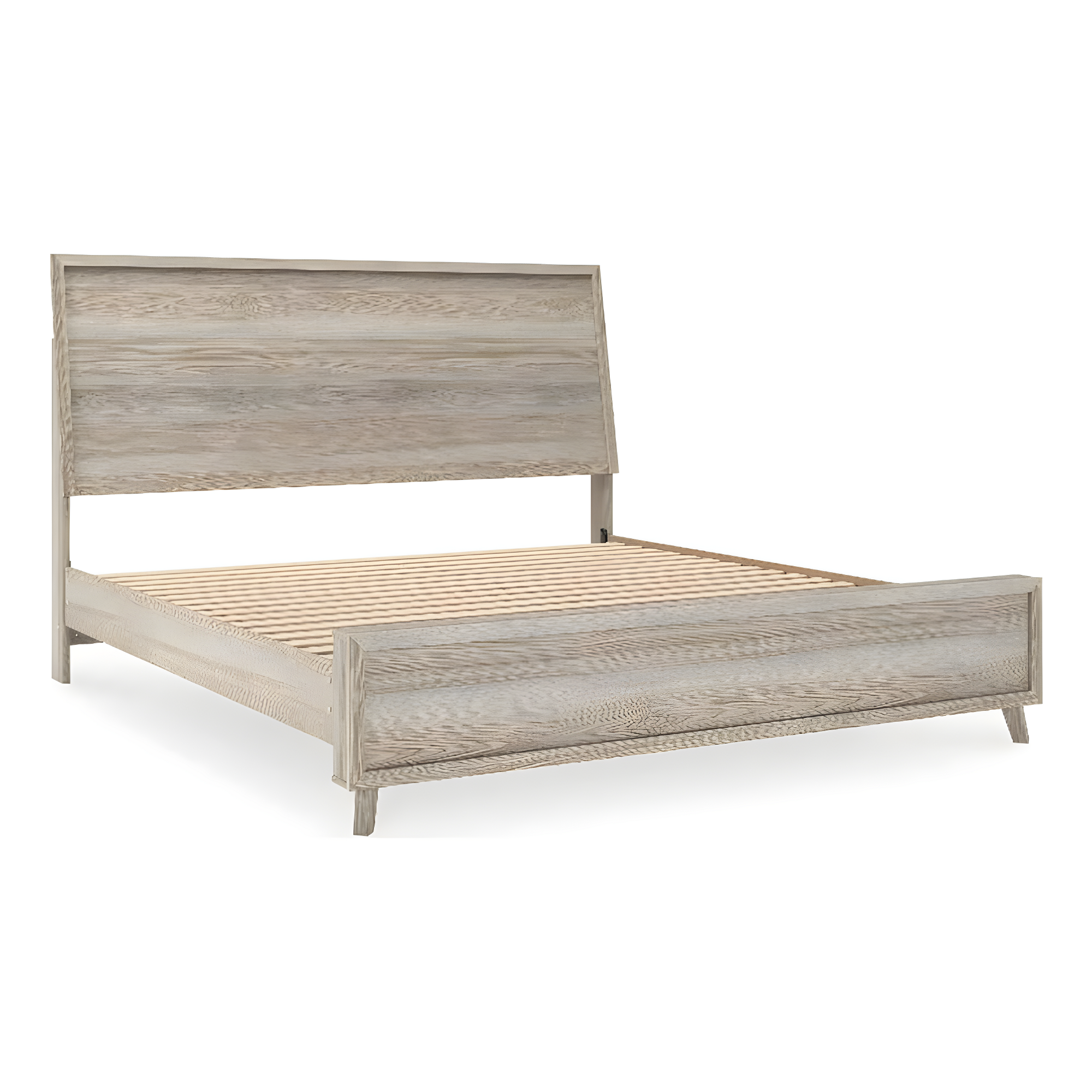 Beige King Upholstered Wood Panel Bed with Slats and Drawer