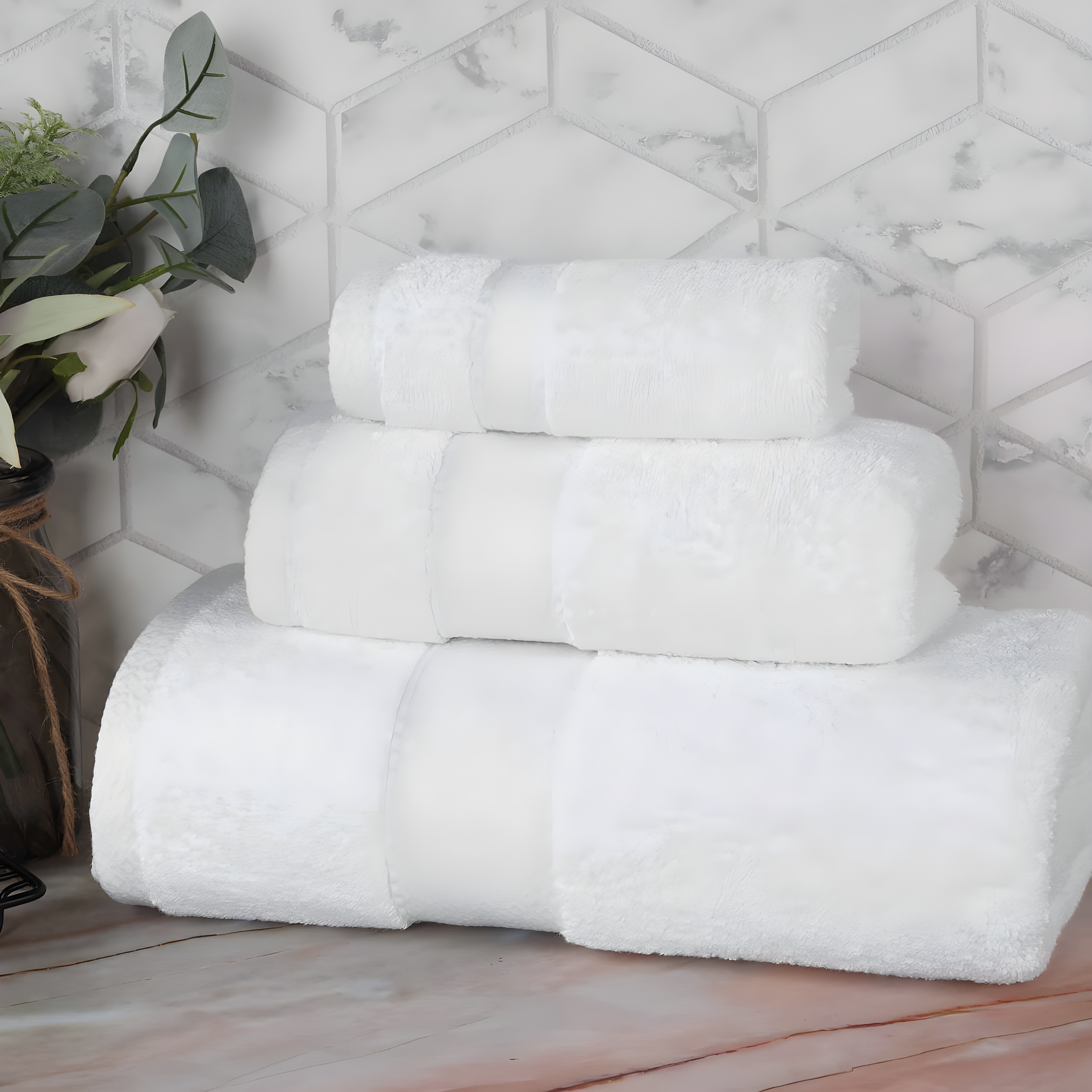 White Egyptian Cotton 3 Piece Towel Set with Dobby Border