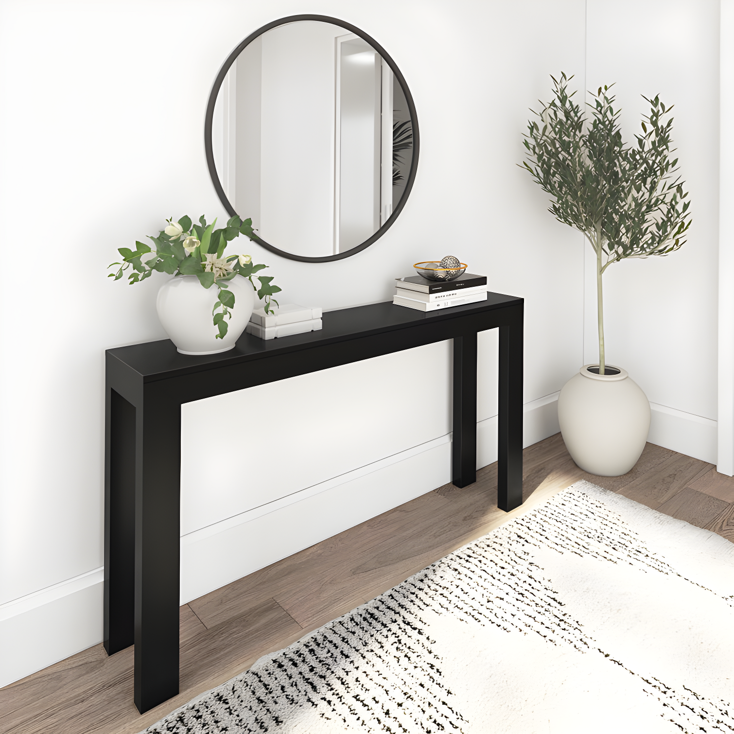 Black Solid Pine Wood 56" Console Table with Storage