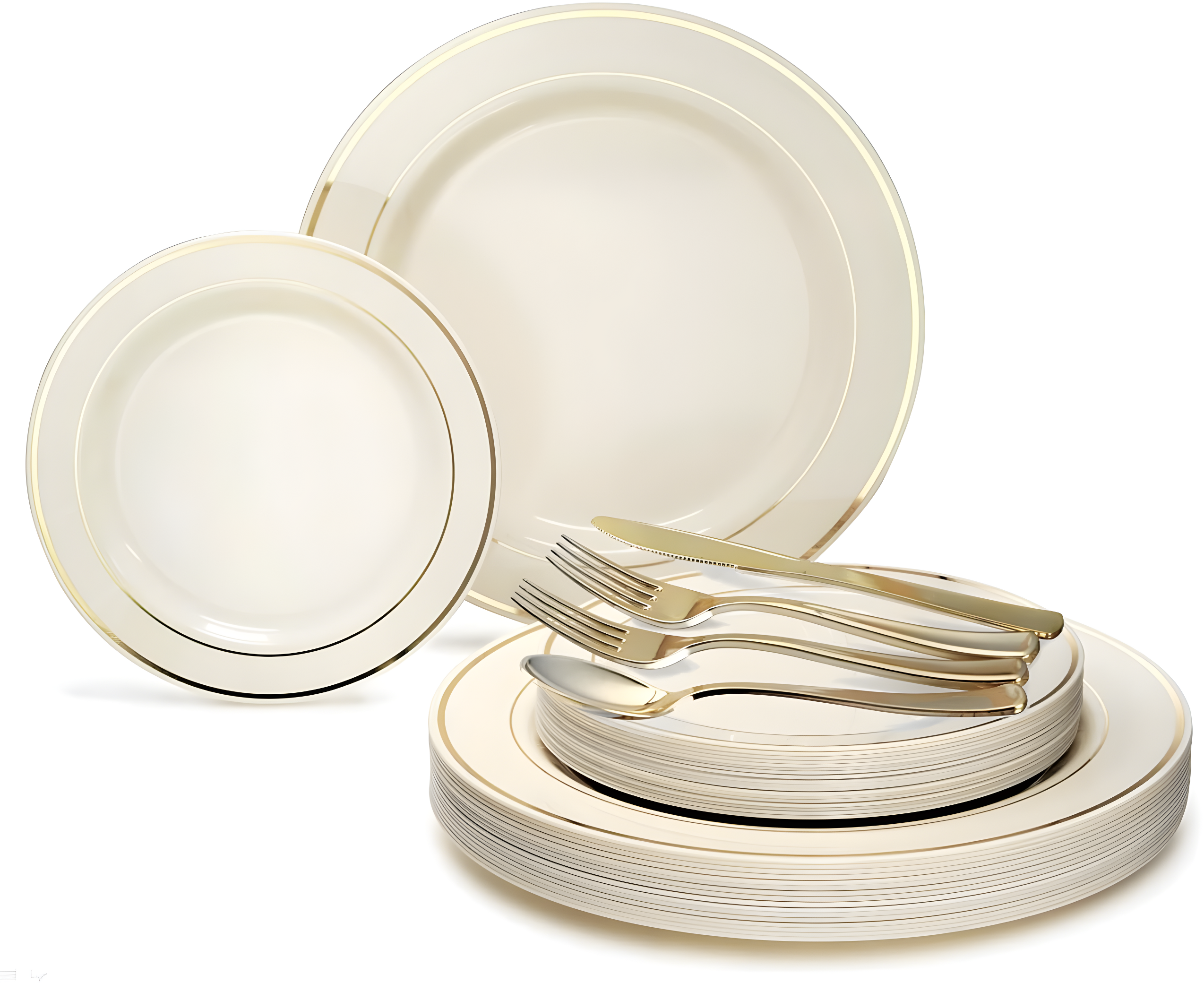 Ivory and Gold Rim Disposable Dinnerware Set for 25 Guests