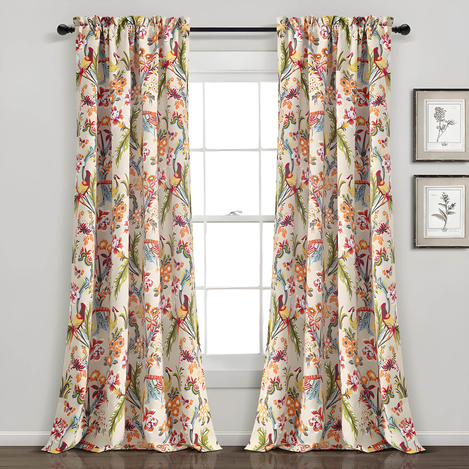 Dolores Neutral Multi Floral Bird Print Blackout Curtains, 84" x 52"