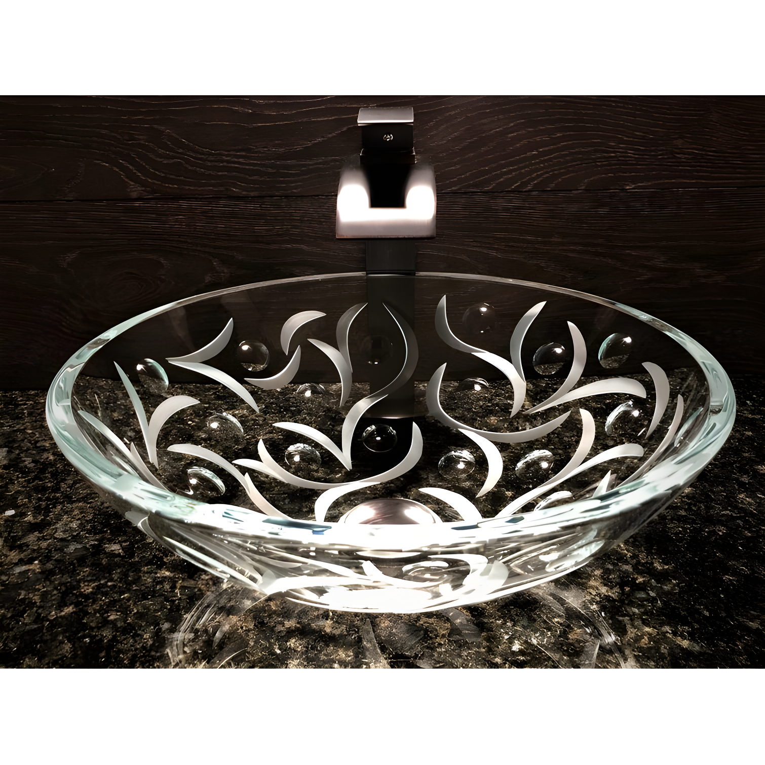 Crystal Clear Round Glass Vessel Bathroom Sink with Engraved Design