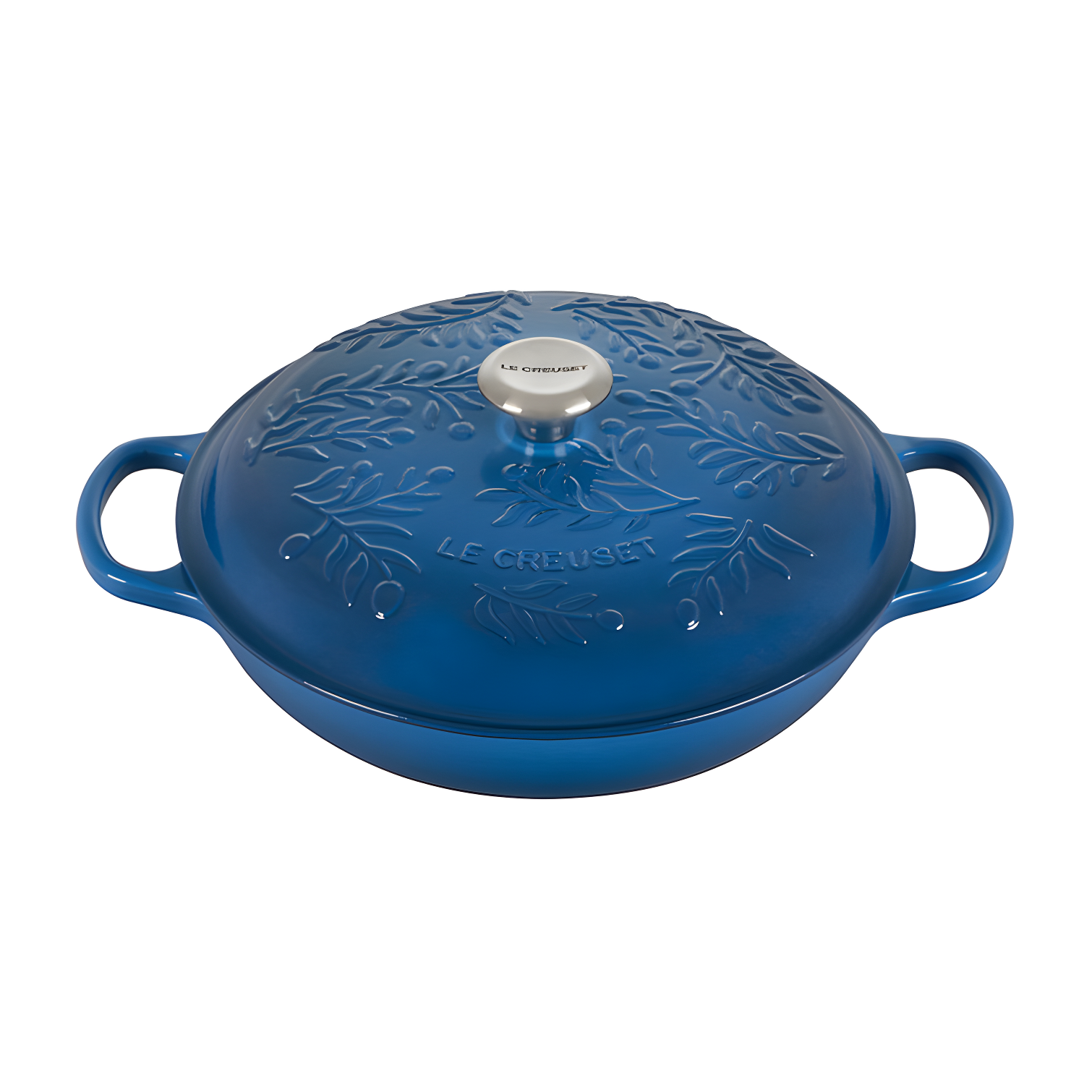 Blue Enameled Cast Iron Round Braiser with Embossed Lid, 3.5 Quarts