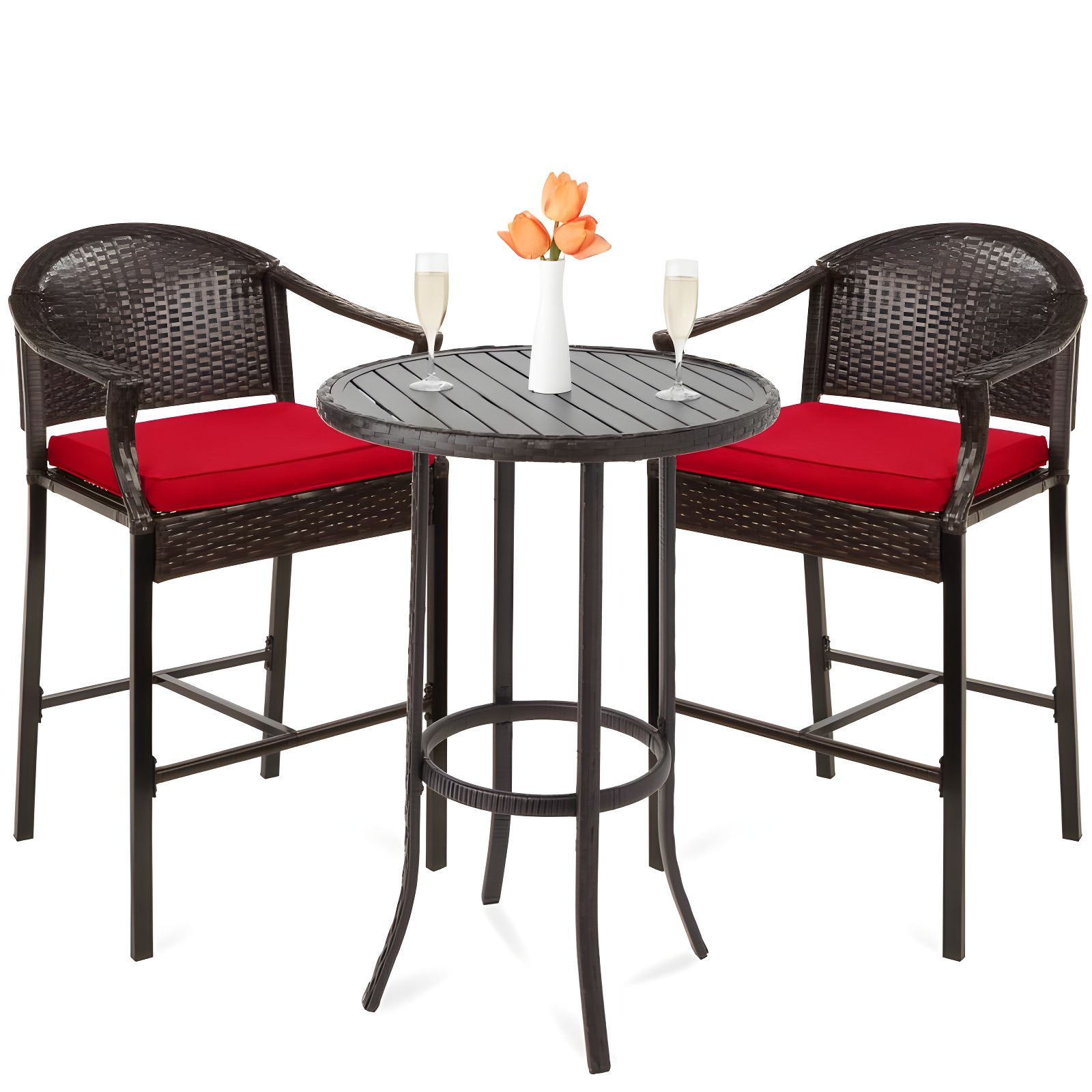 Brown and Red Wicker 3-Piece Outdoor Bistro Set with Steel Frame