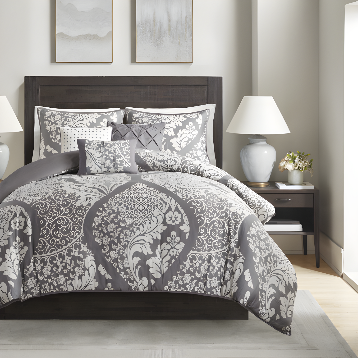 Vienna 6 Piece Gray Cotton Sateen Duvet Cover Set