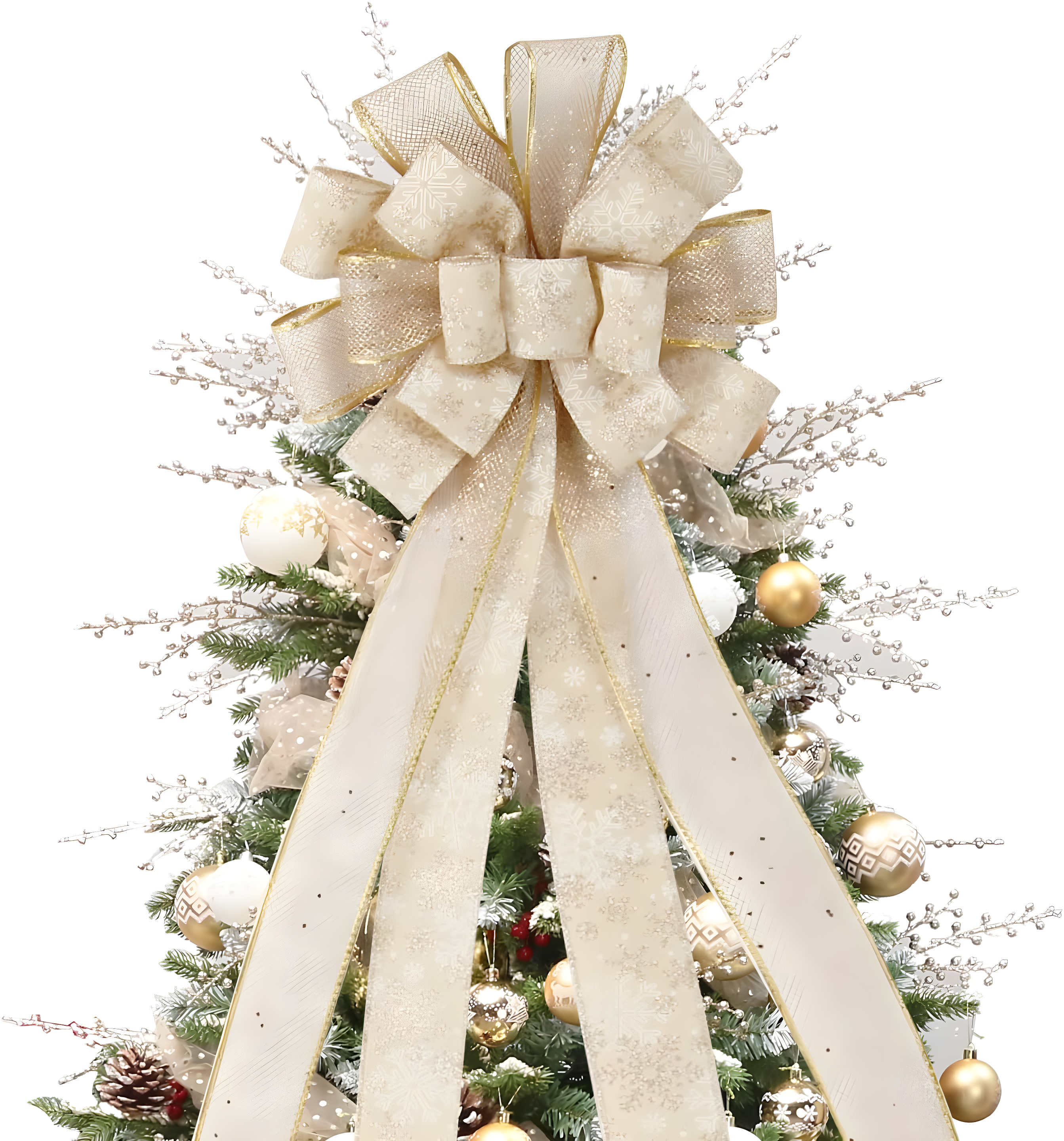 Gold Snowflake Plastic Christmas Tree Topper Bow