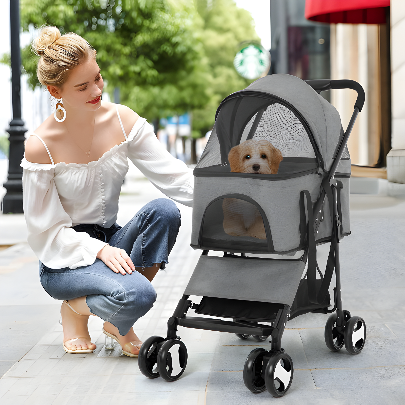 Gray Multifunction Pet Stroller with Detachable Carrier