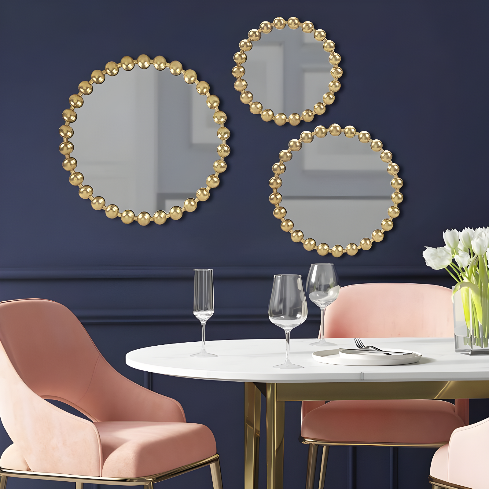 Marlowe Gold Beaded Round Wall Mirror 3-Piece Set