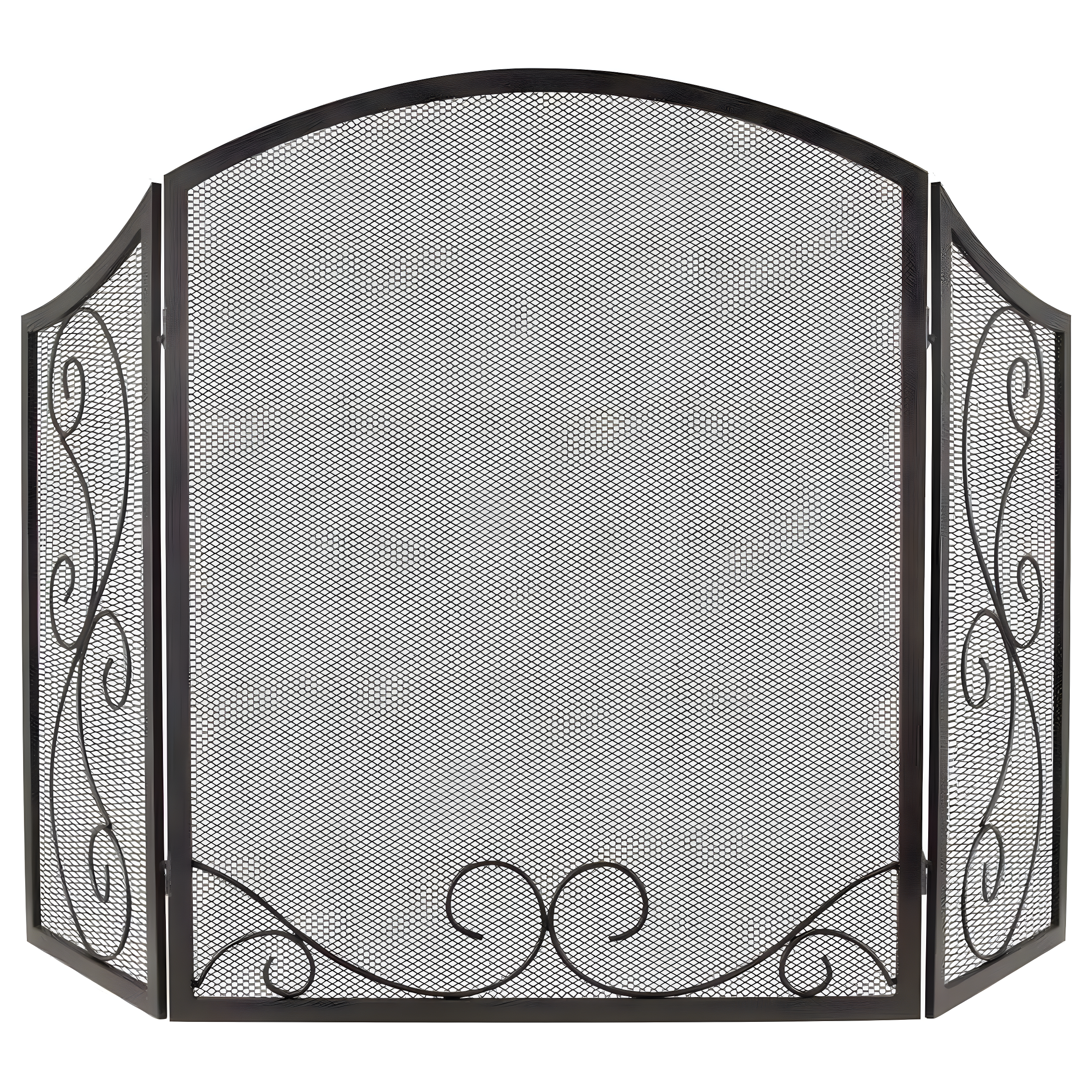 Black Steel Three-Panel Mesh Fireplace Screen with Scroll Design