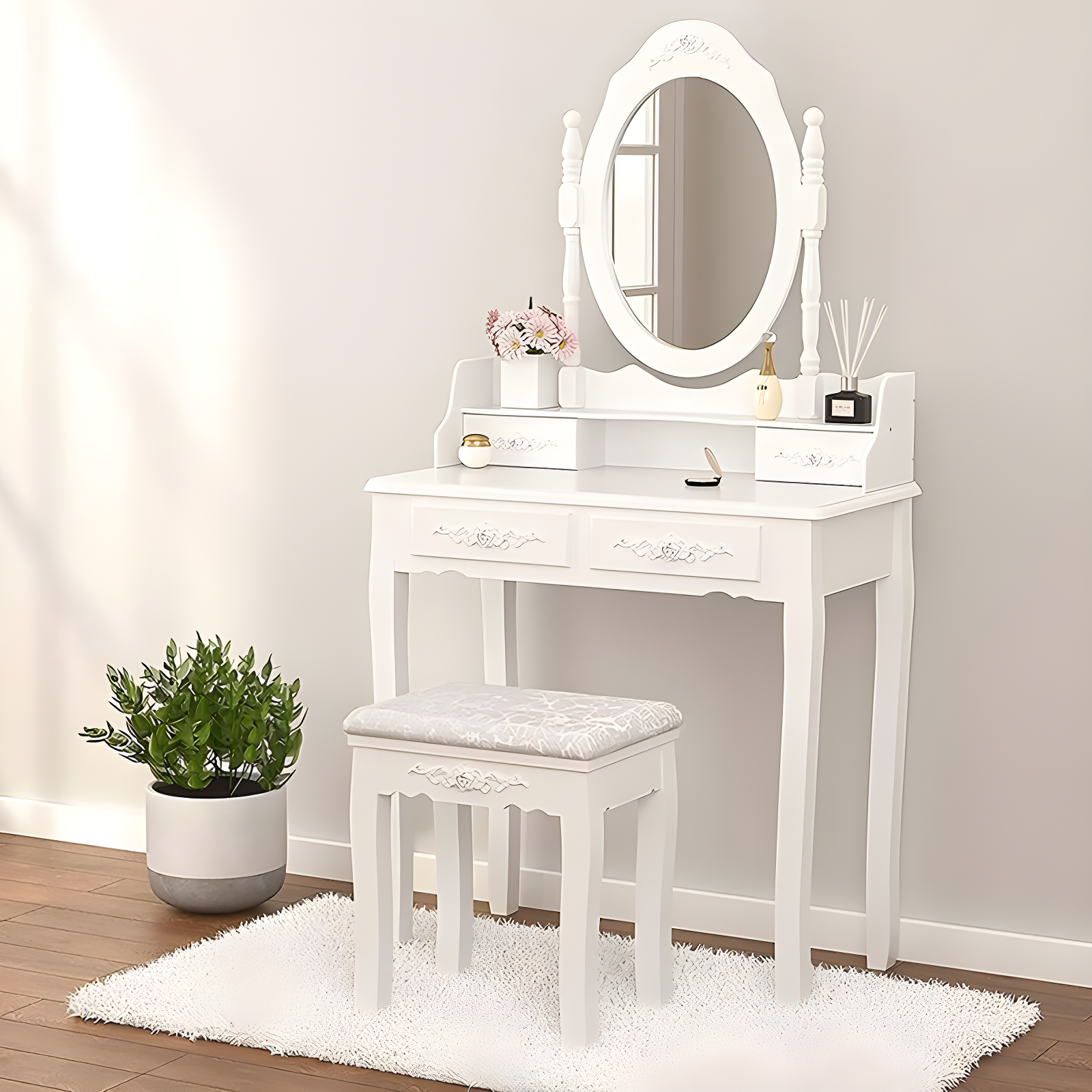 White Wooden Vanity Table Set with Oval Mirror and Cushioned Stool