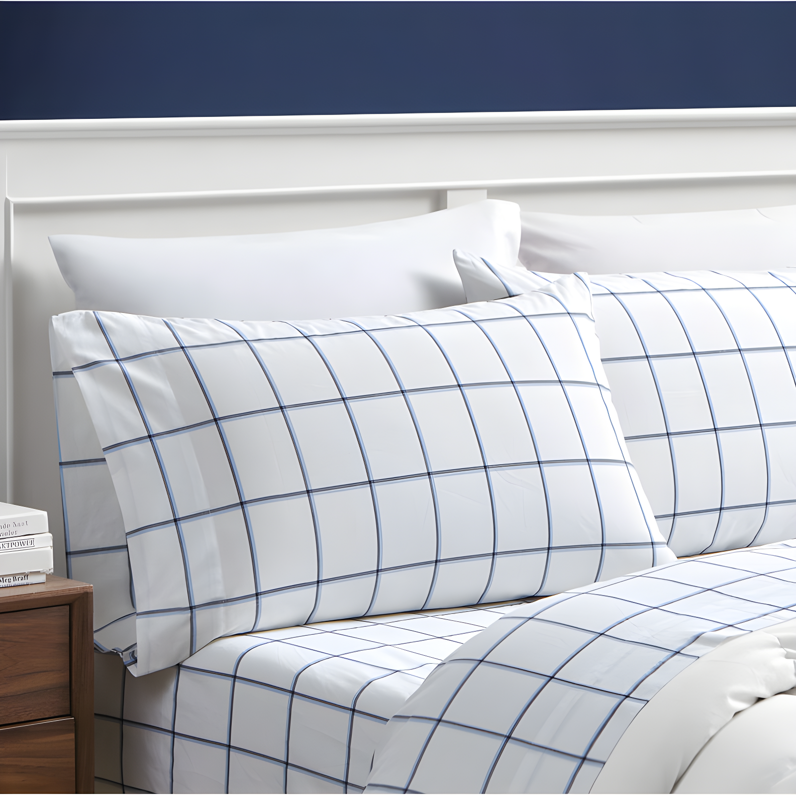 Twin White and Blue Plaid Cotton Percale Sheet Set