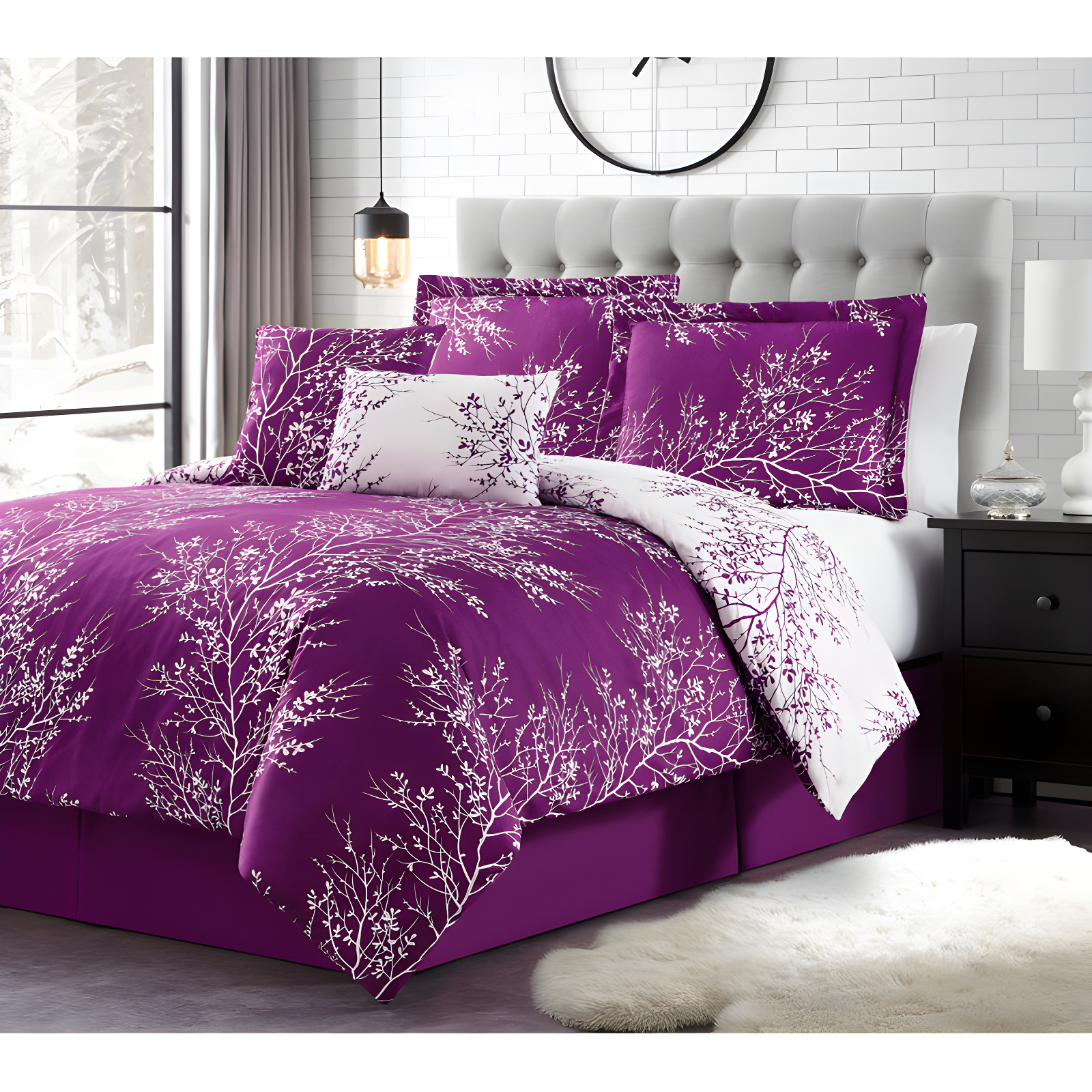 Twin Purple and White Microfiber Reversible Comforter Set