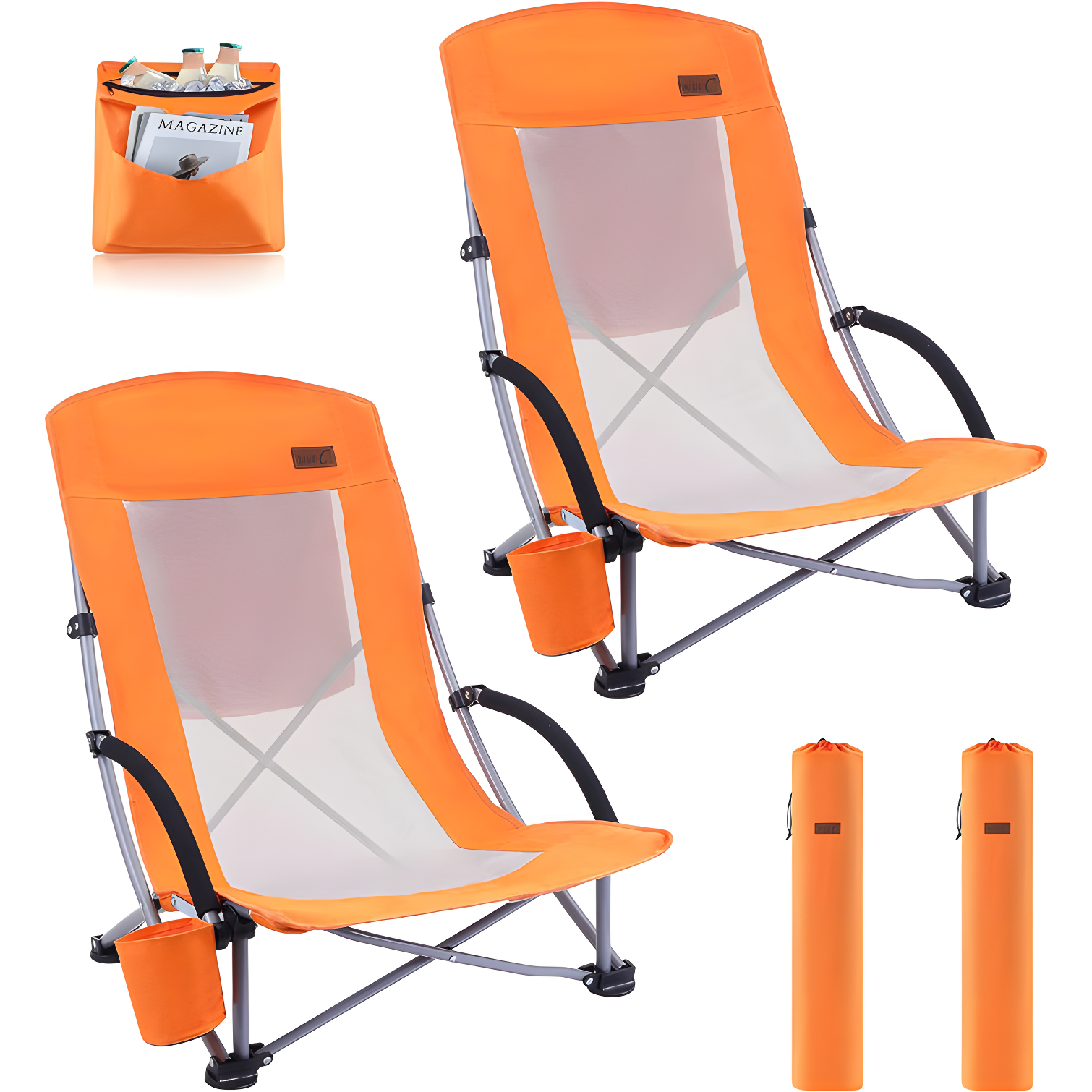 Orange High Back Folding Camping Chairs with Cooler and Cup Holder - Set of 2