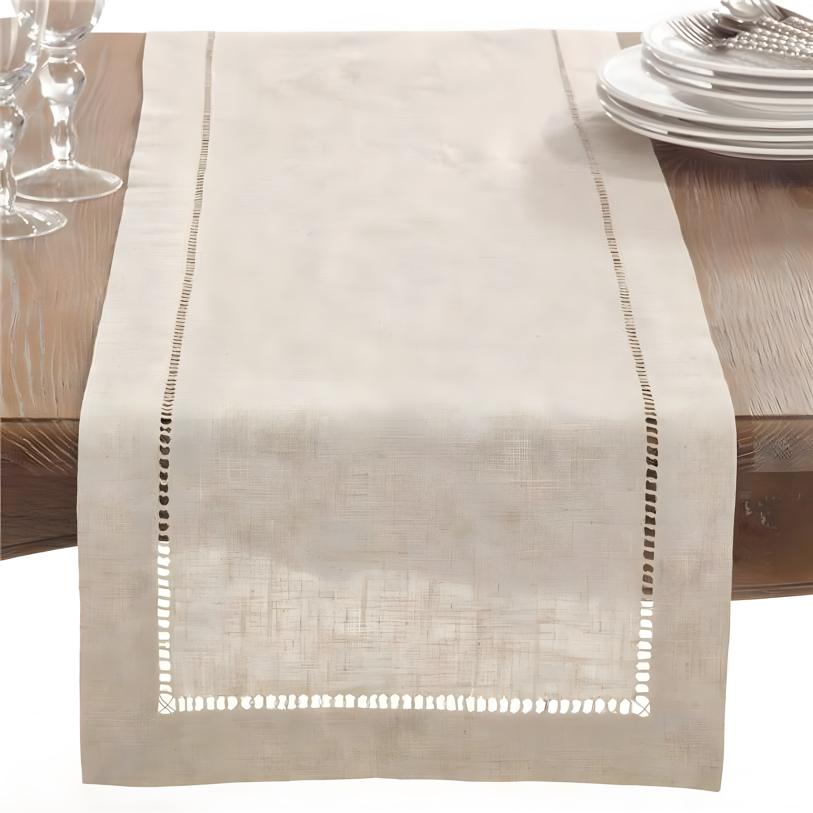 Natural Hemstitched Linen Blend Table Runner, 16" x 72"