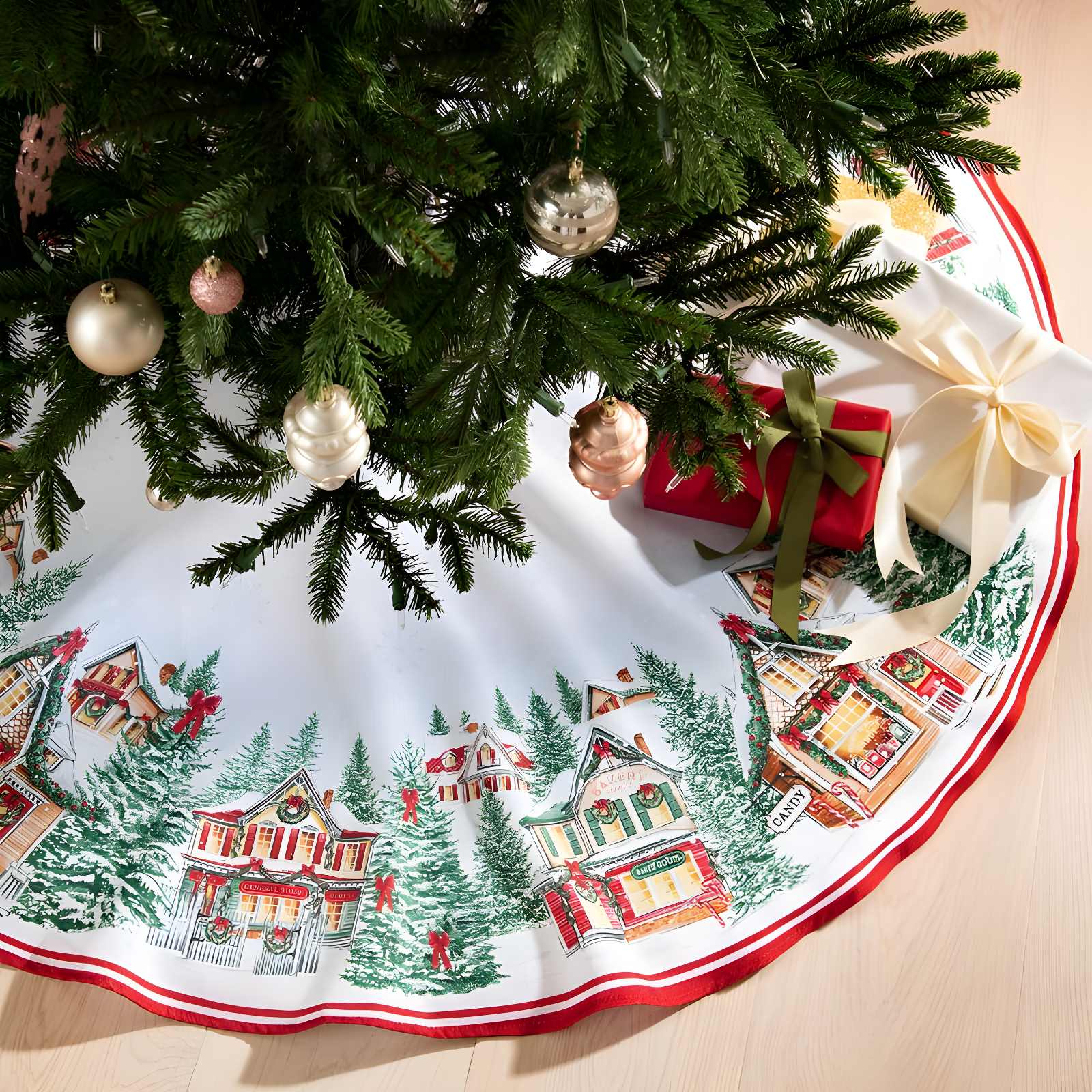 Storybook Christmas Village Multicolor Round Tree Skirt, 48-inch