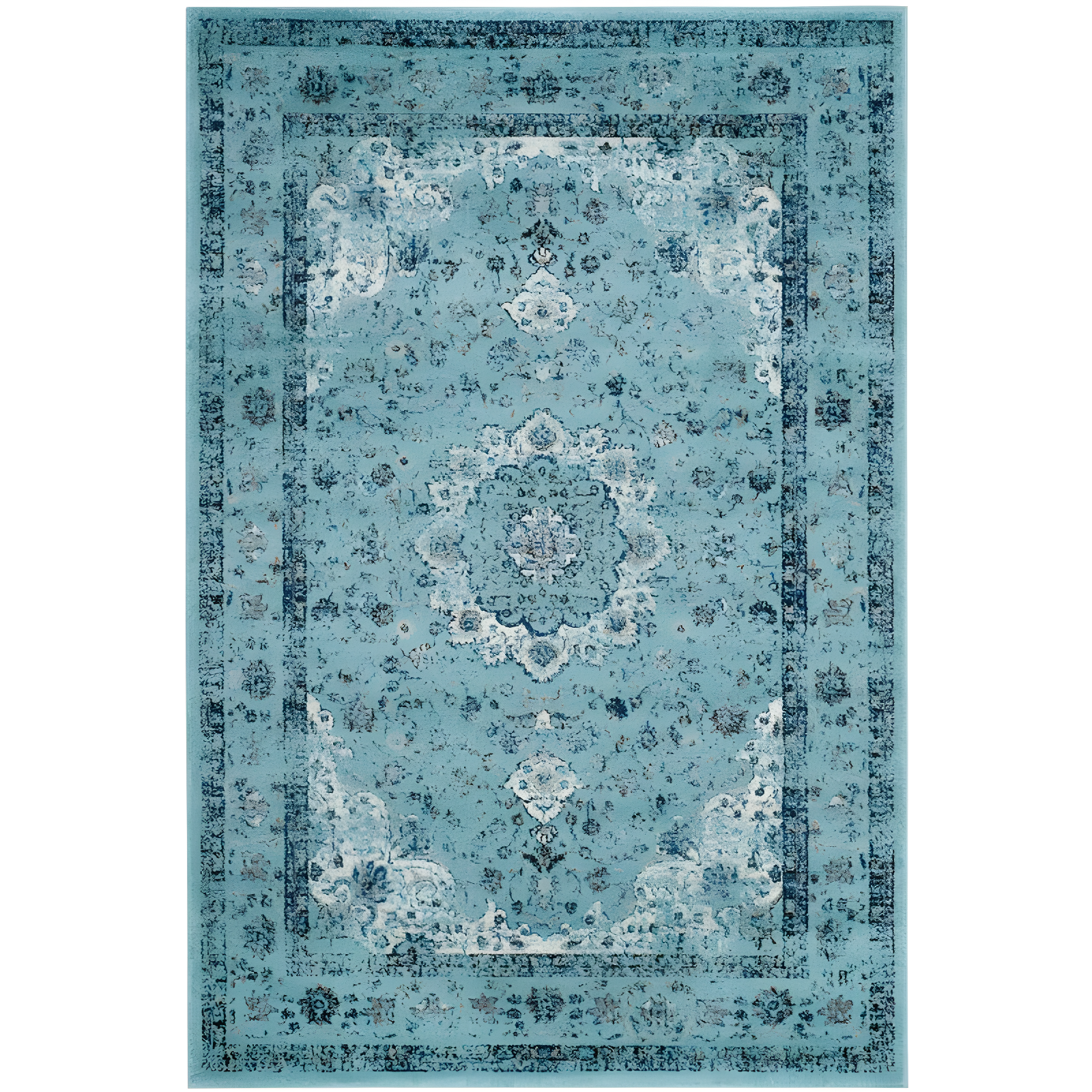 Light Blue Floral High Pile Synthetic Area Rug