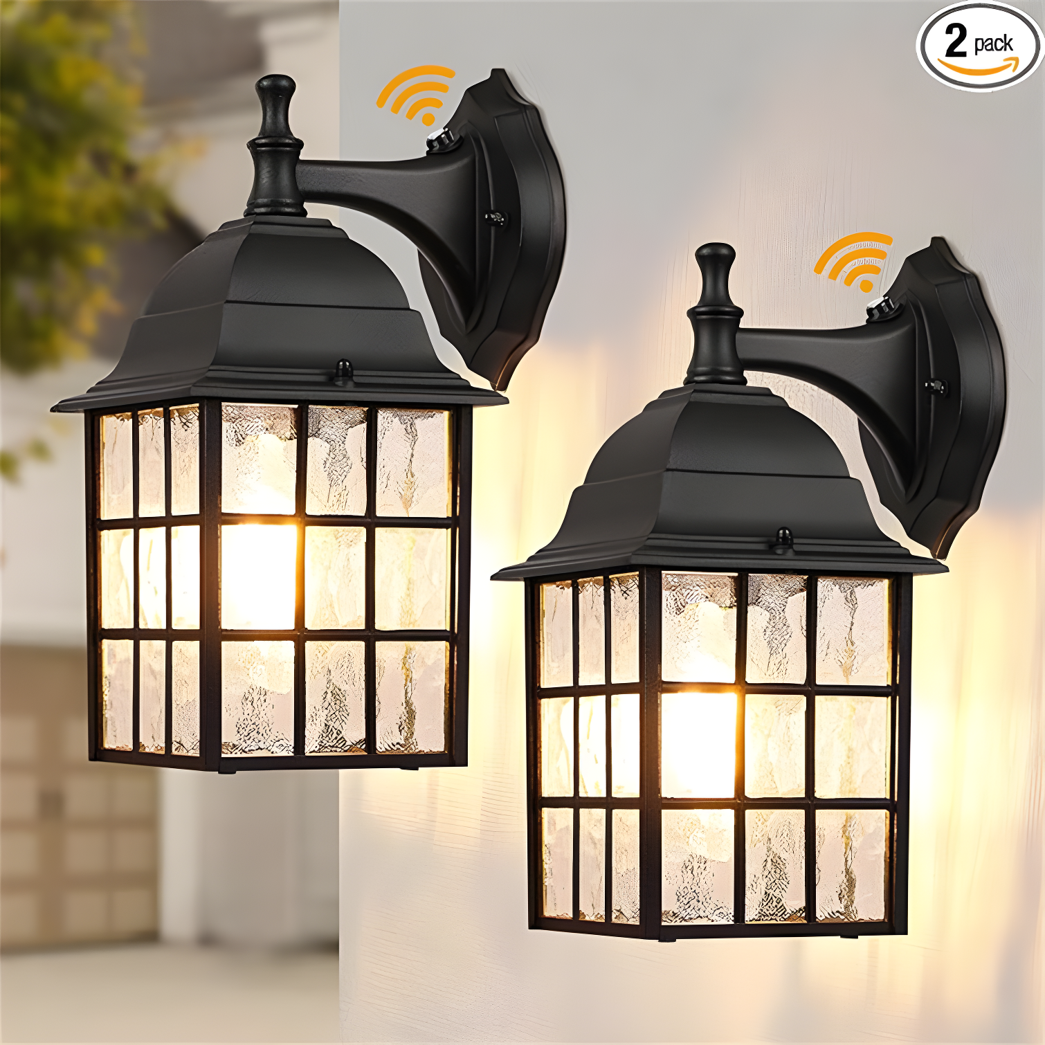 Black Aluminum Dusk to Dawn Outdoor Wall Lanterns with Glass Shades