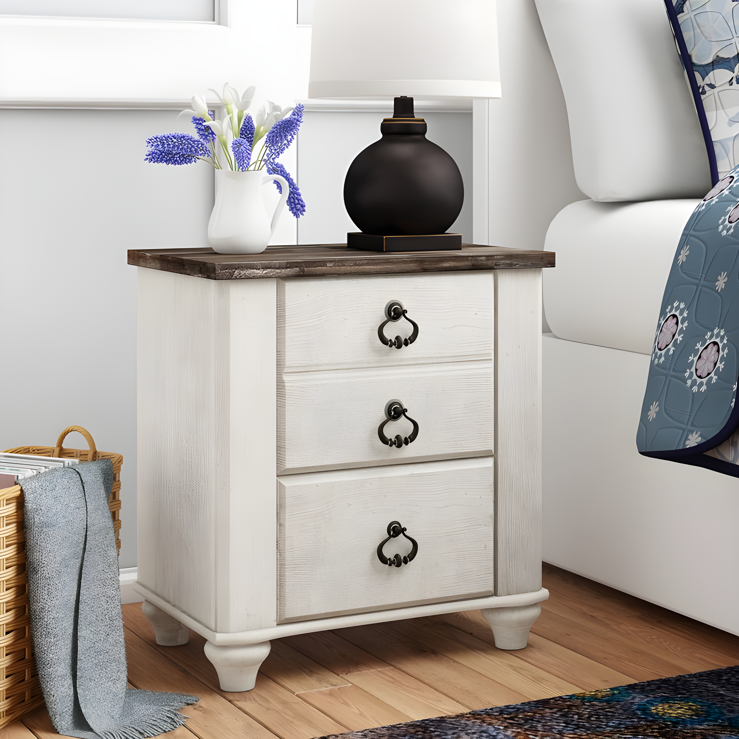 Whitewashed Coastal Charm 2-Drawer Nightstand with USB Ports