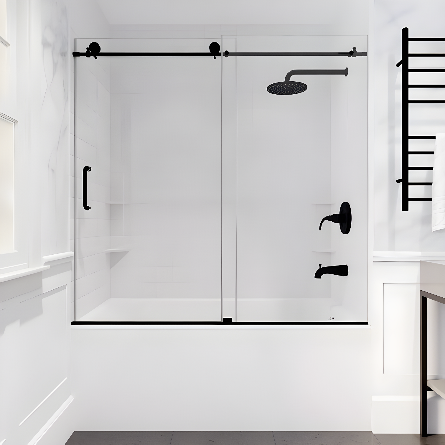 Matte Black Frameless Sliding Tub Door with Stainless Steel Hardware