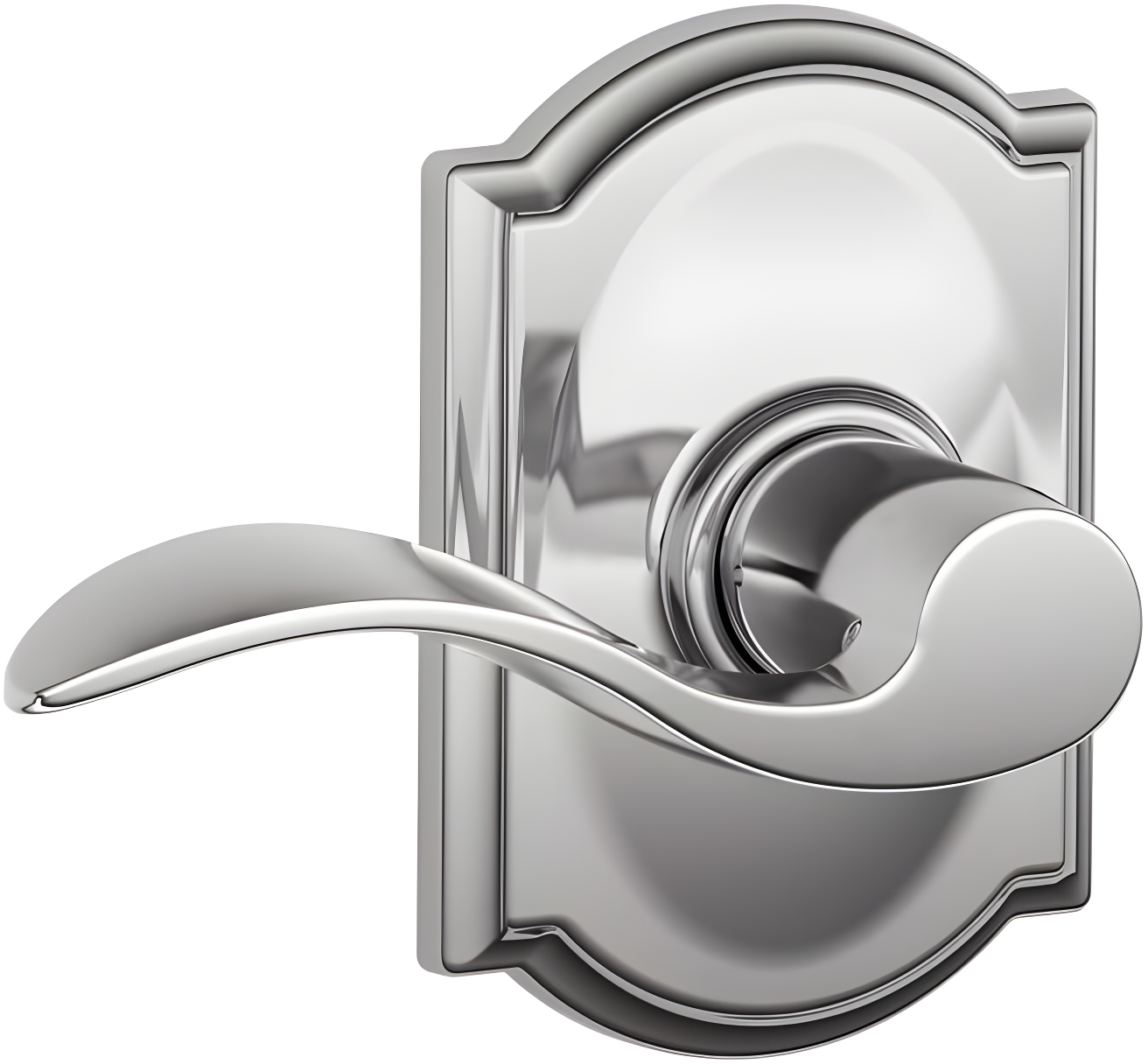 Bright Polished Chrome Accent Passage Door Lever with Camelot Rosette