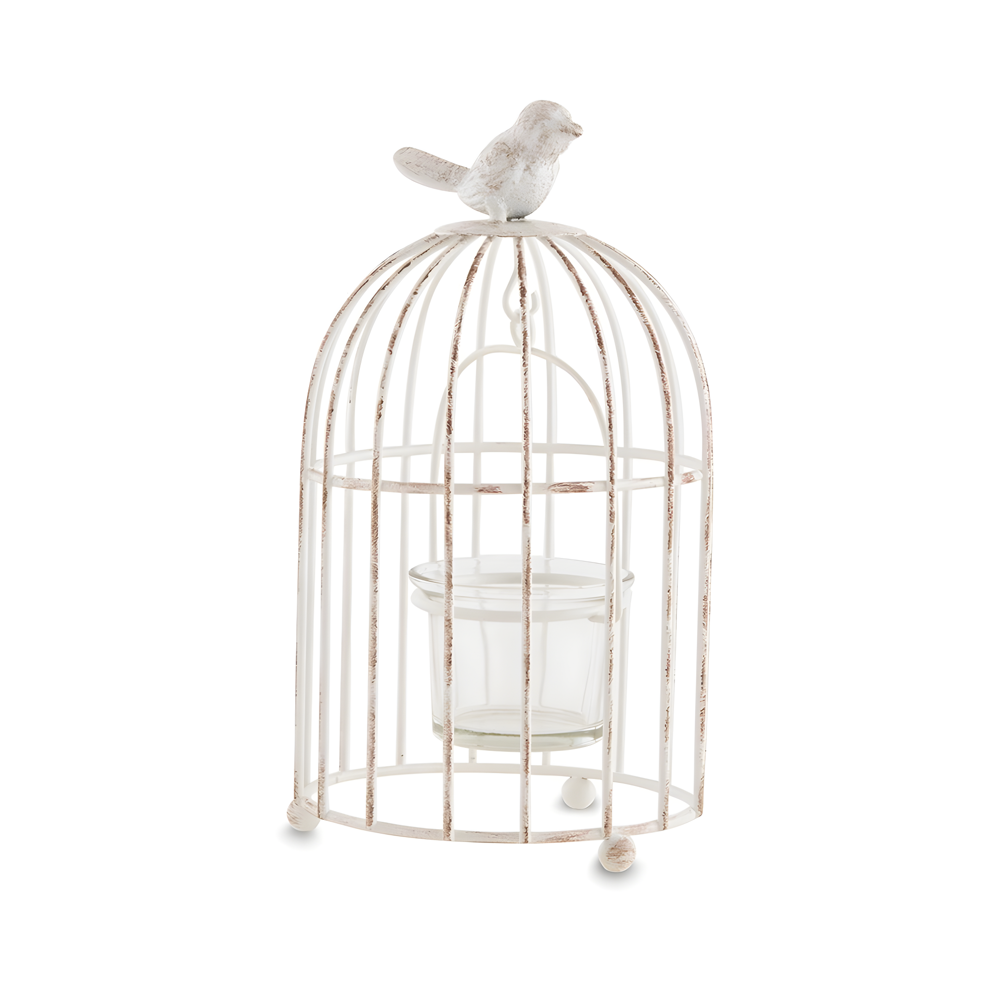 Small White Metal Birdcage Tealight Holder with Bird Accent