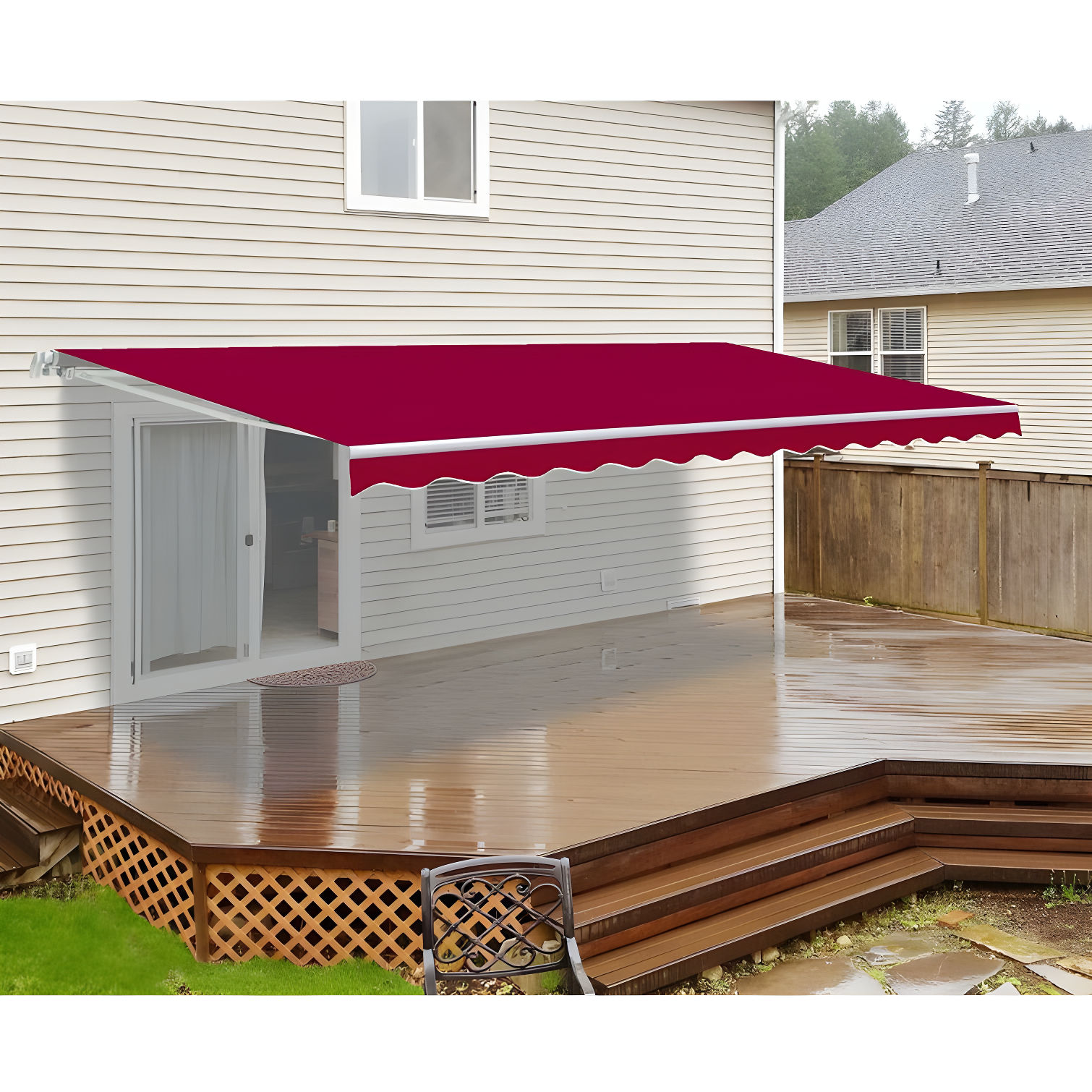 Burgundy Motorized Retractable Patio Awning with White Frame