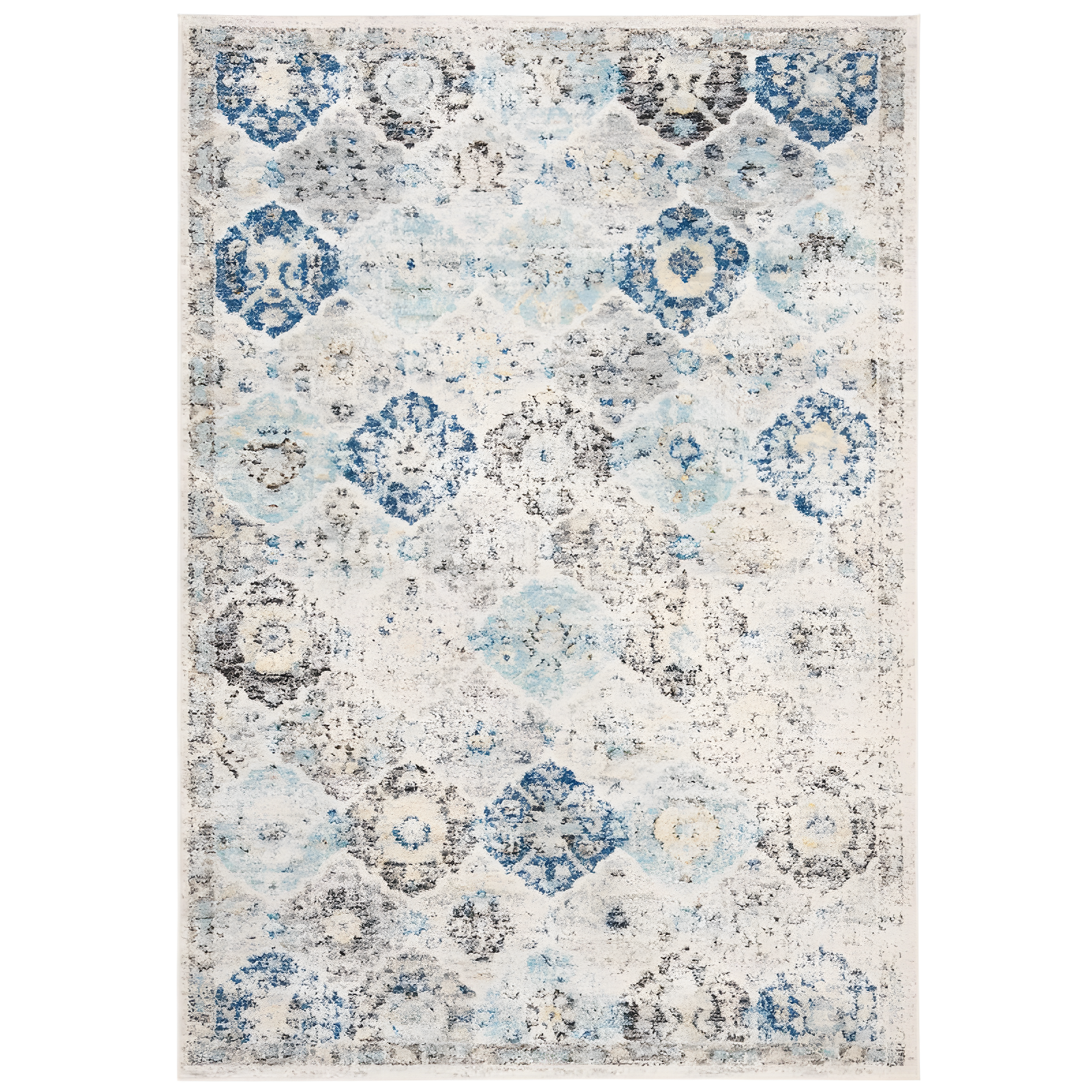 Ivory and Aqua 6'7" x 9'2" Synthetic Distressed Area Rug