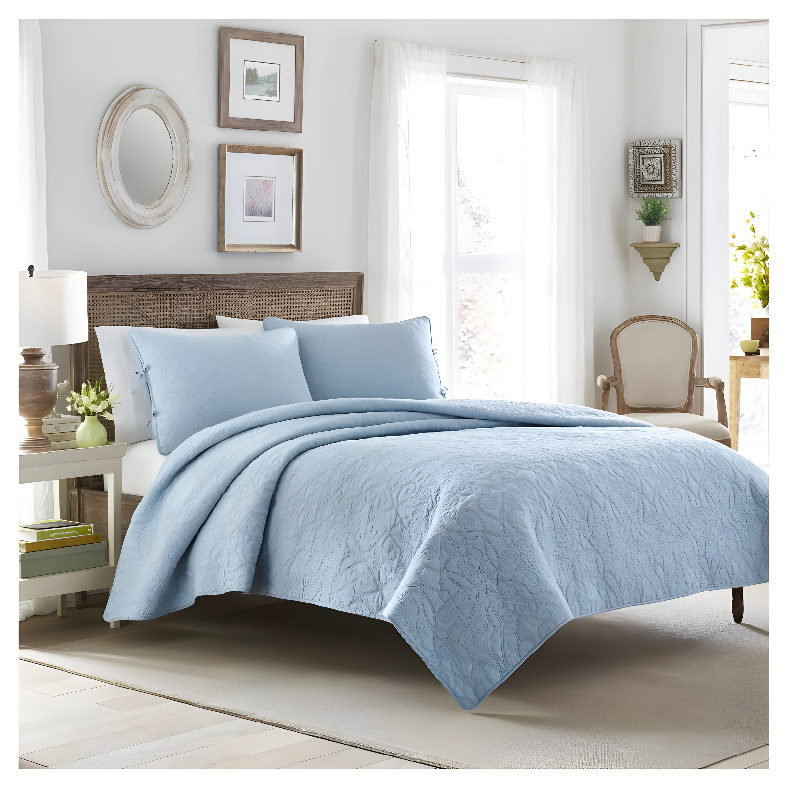 Breeze Blue Cotton Full Reversible Quilt Set