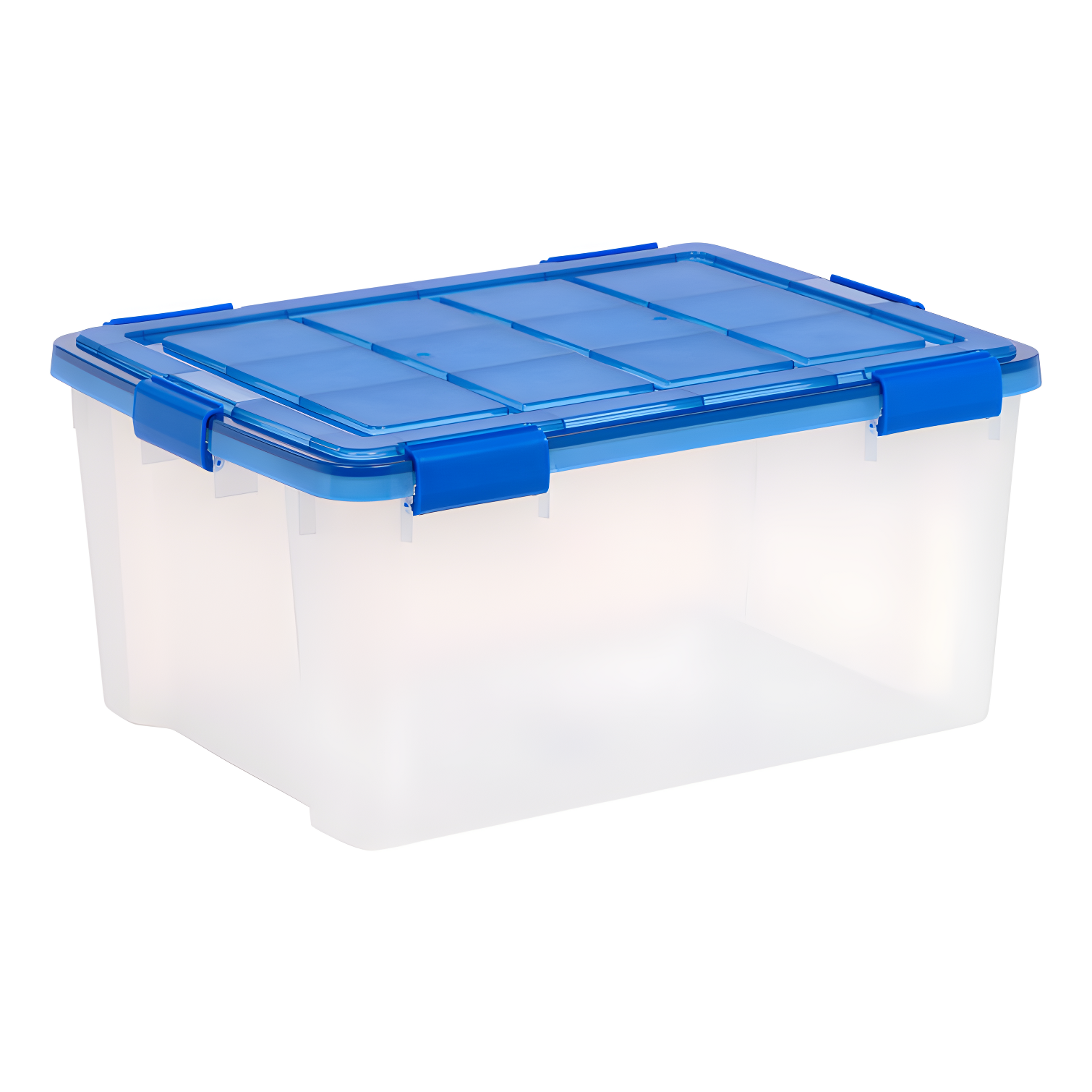 Clear 60 Quart Stackable Plastic Storage Box with Blue Lid