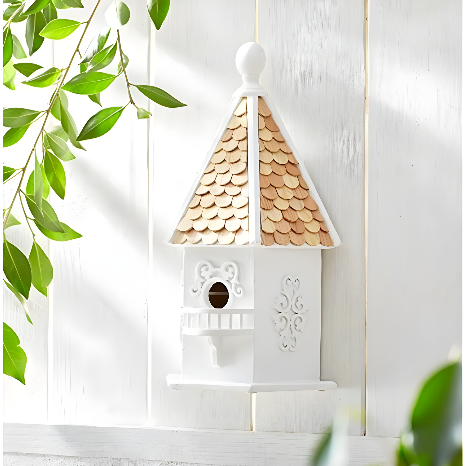 White Pine Shingled Storybook Birdhouse with Balcony