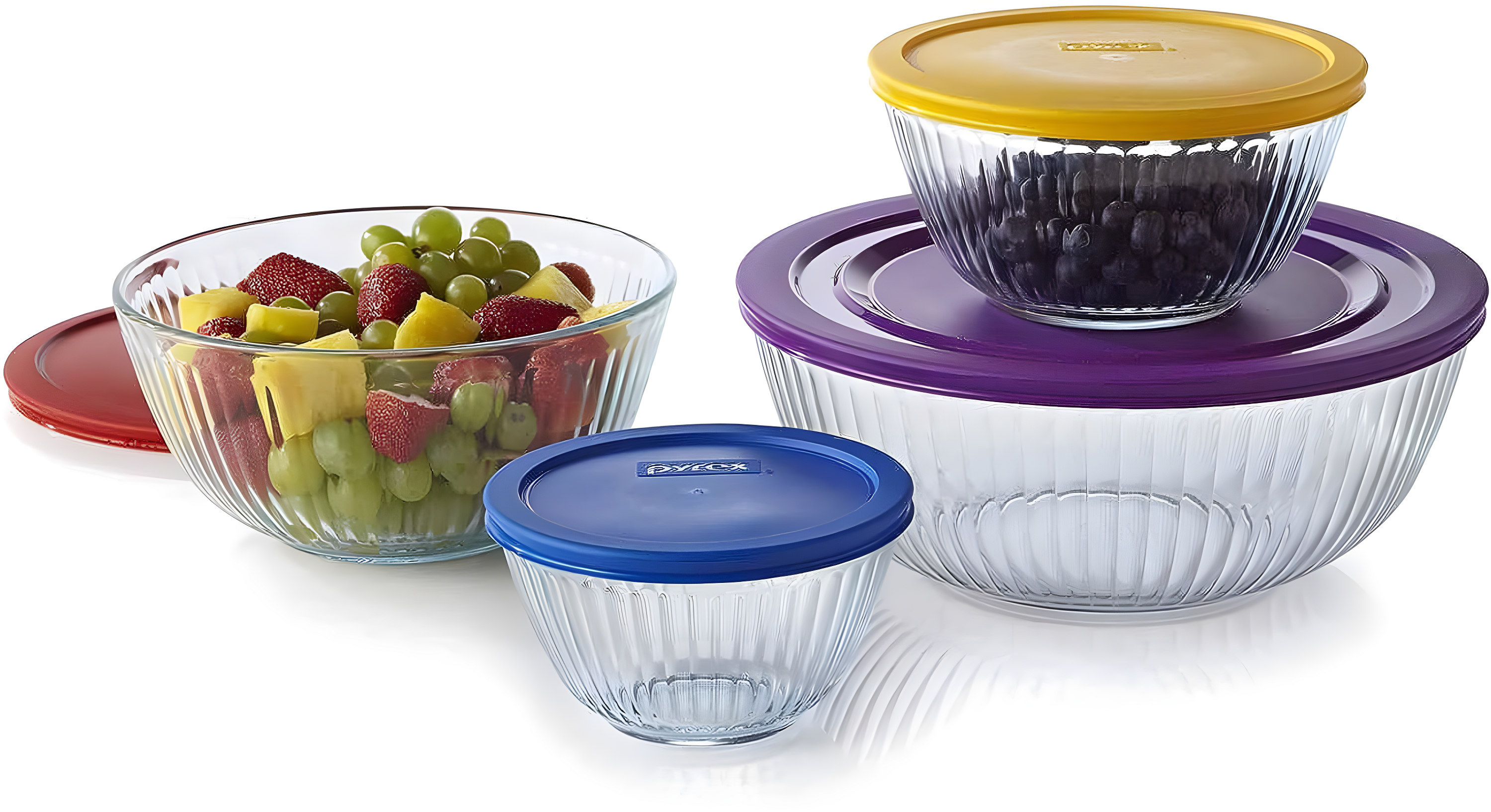 Ribbed Glass Mixing Bowl Set with Assorted Color Lids, 4-Piece