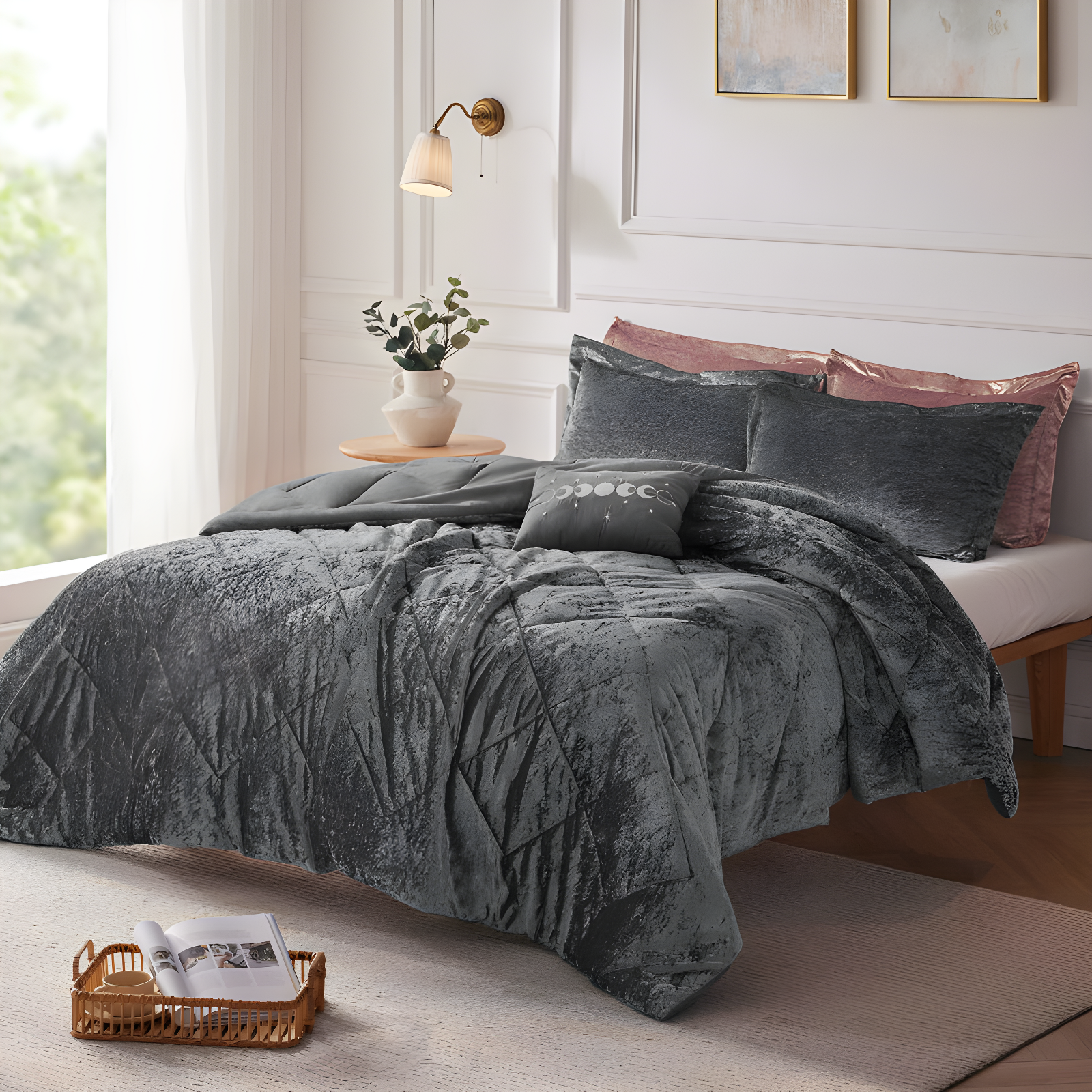 Gray King Velvet Diamond Quilted Comforter Set