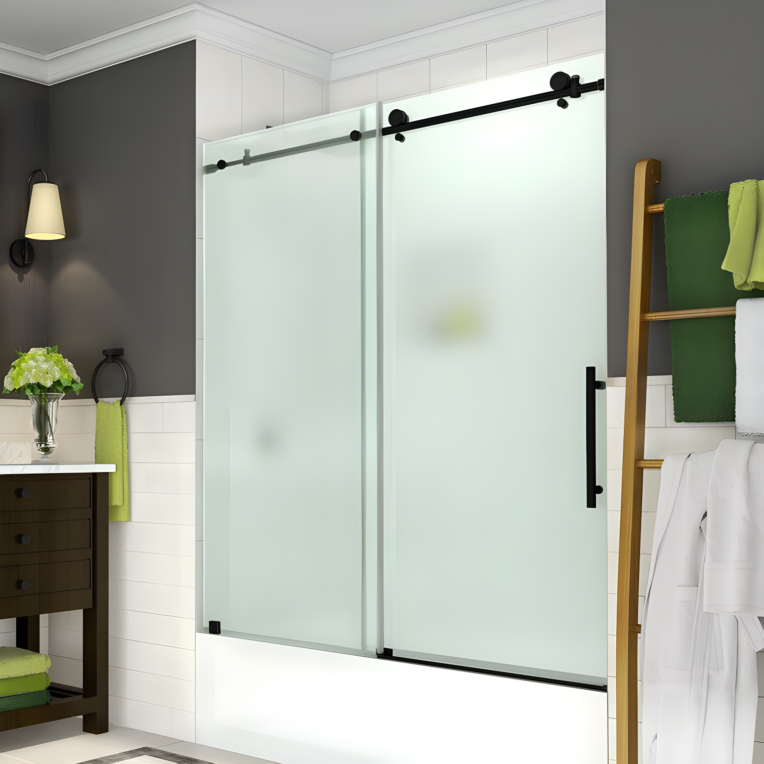 Coraline 60" Frameless Frosted Glass Sliding Tub Door in Oil Rubbed Bronze