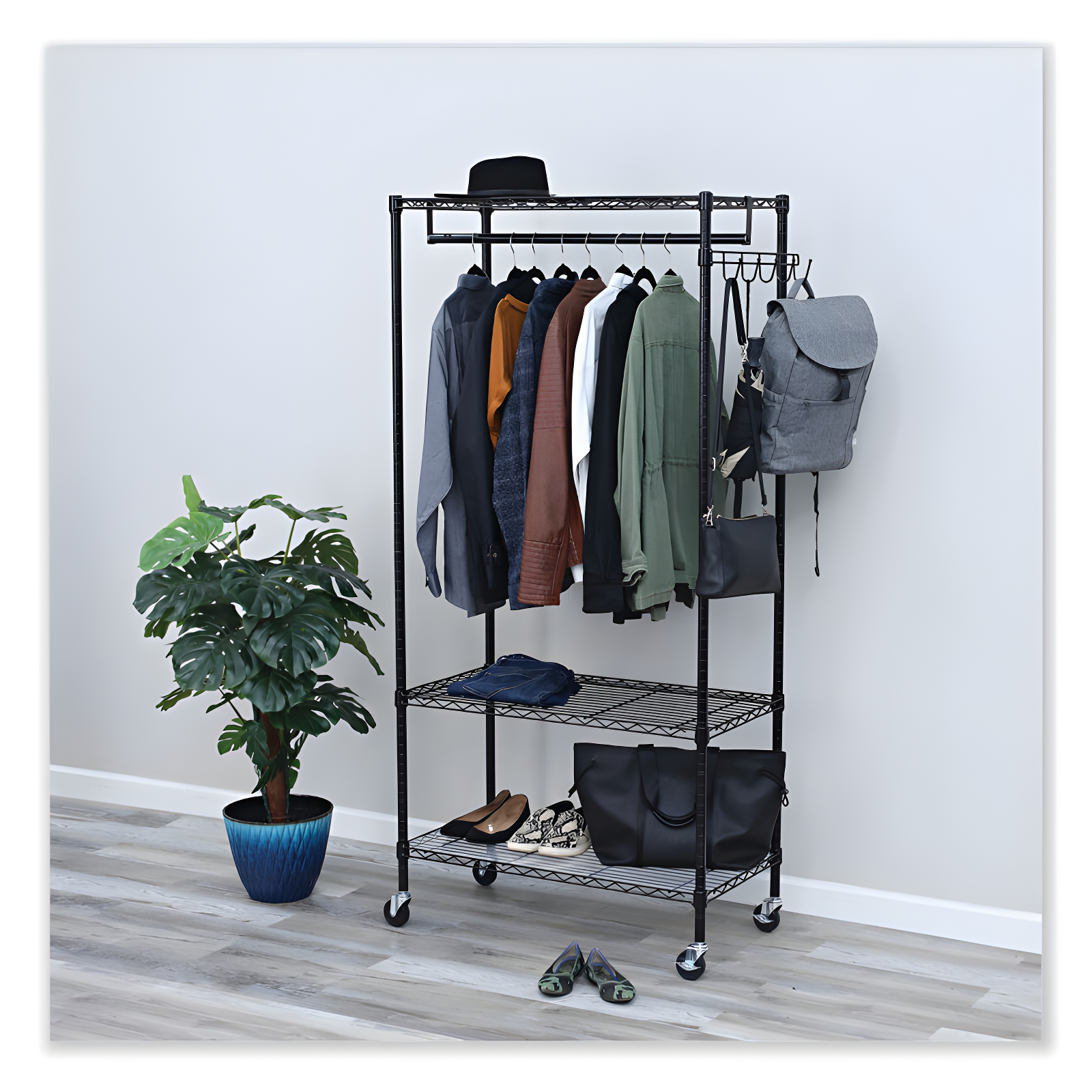 Black Metal Rolling Wire Shelving Garment Rack with Adjustable Shelves